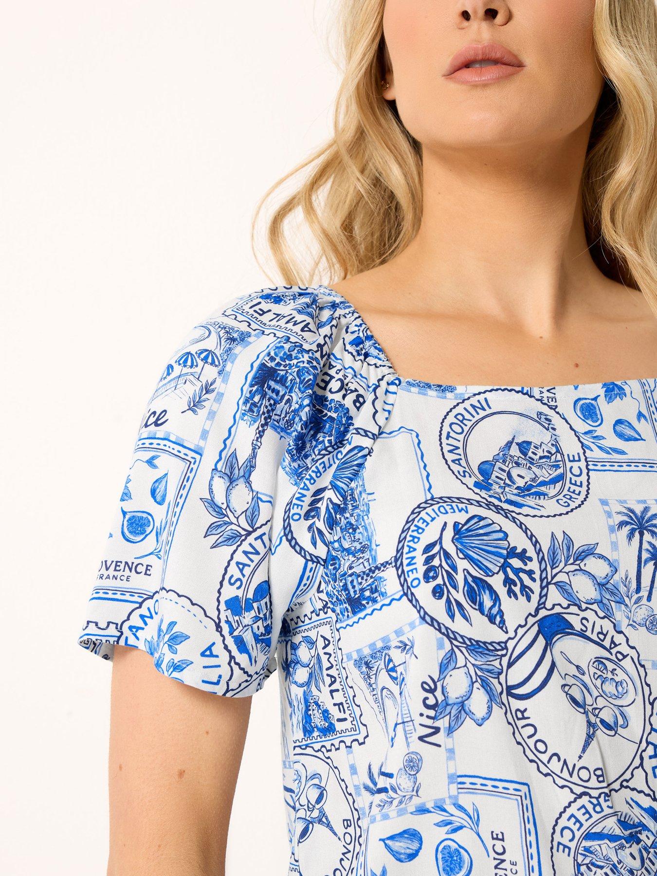 Image 3 of 3 of Long Tall Sally Postcard Print Square Neck Blouse - Blue