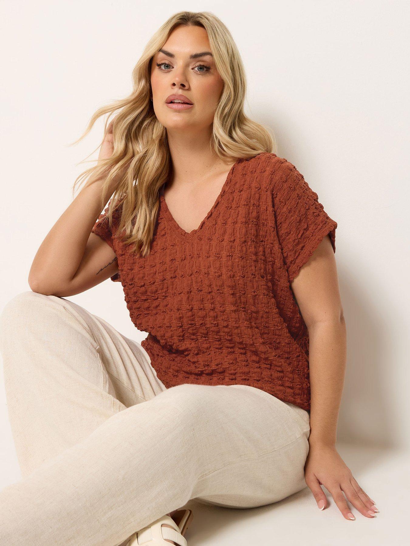 Image 1 of 4 of Yours Curve Bubble Textured T-Shirt - Rust Orange