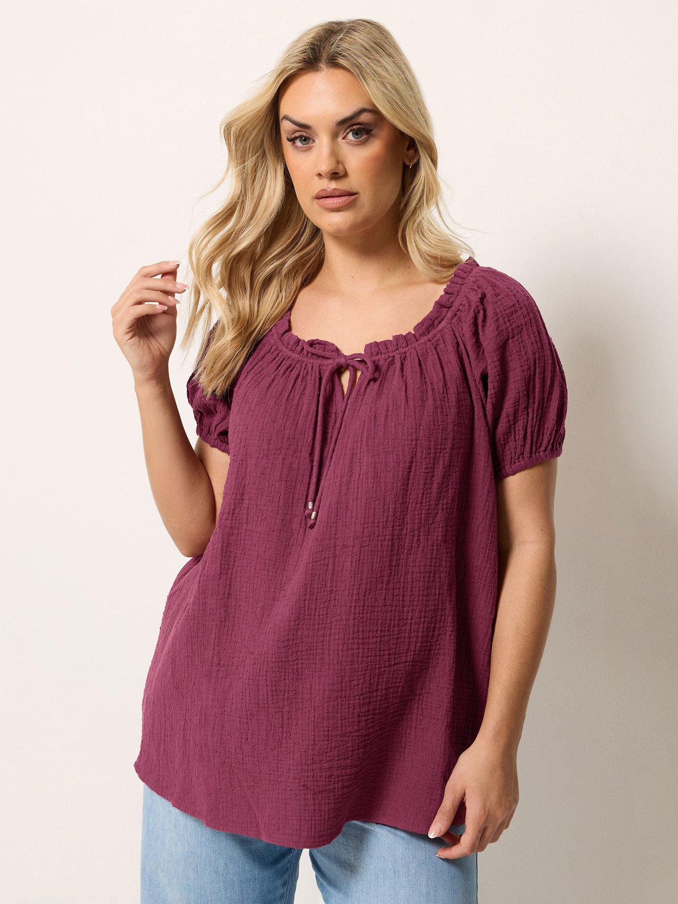 Yours Curve Cheesecloth Dobby Bardot Top - Burgundy
