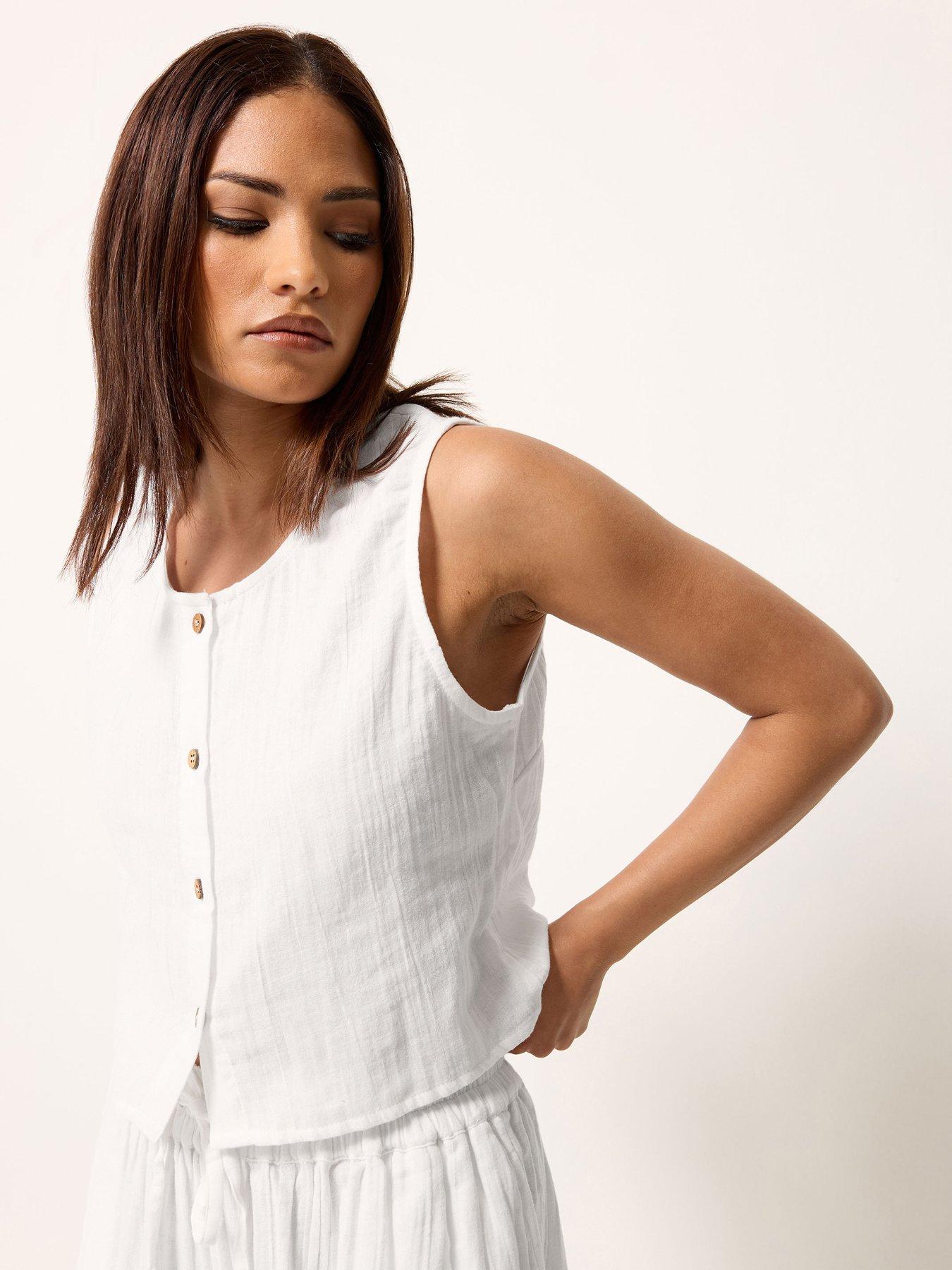 Image 1 of 4 of PixieGirl Petite Cheesecloth Button Top - White
