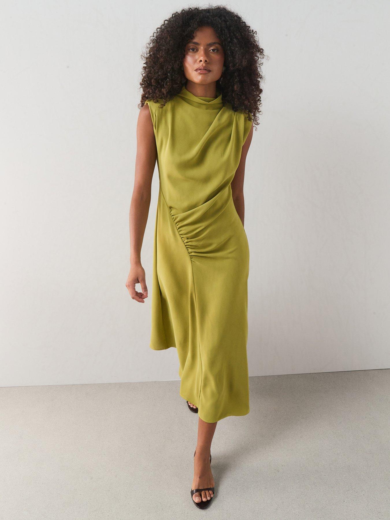 The Very Collection High Neck Draped Ruched Midi Dress - Green