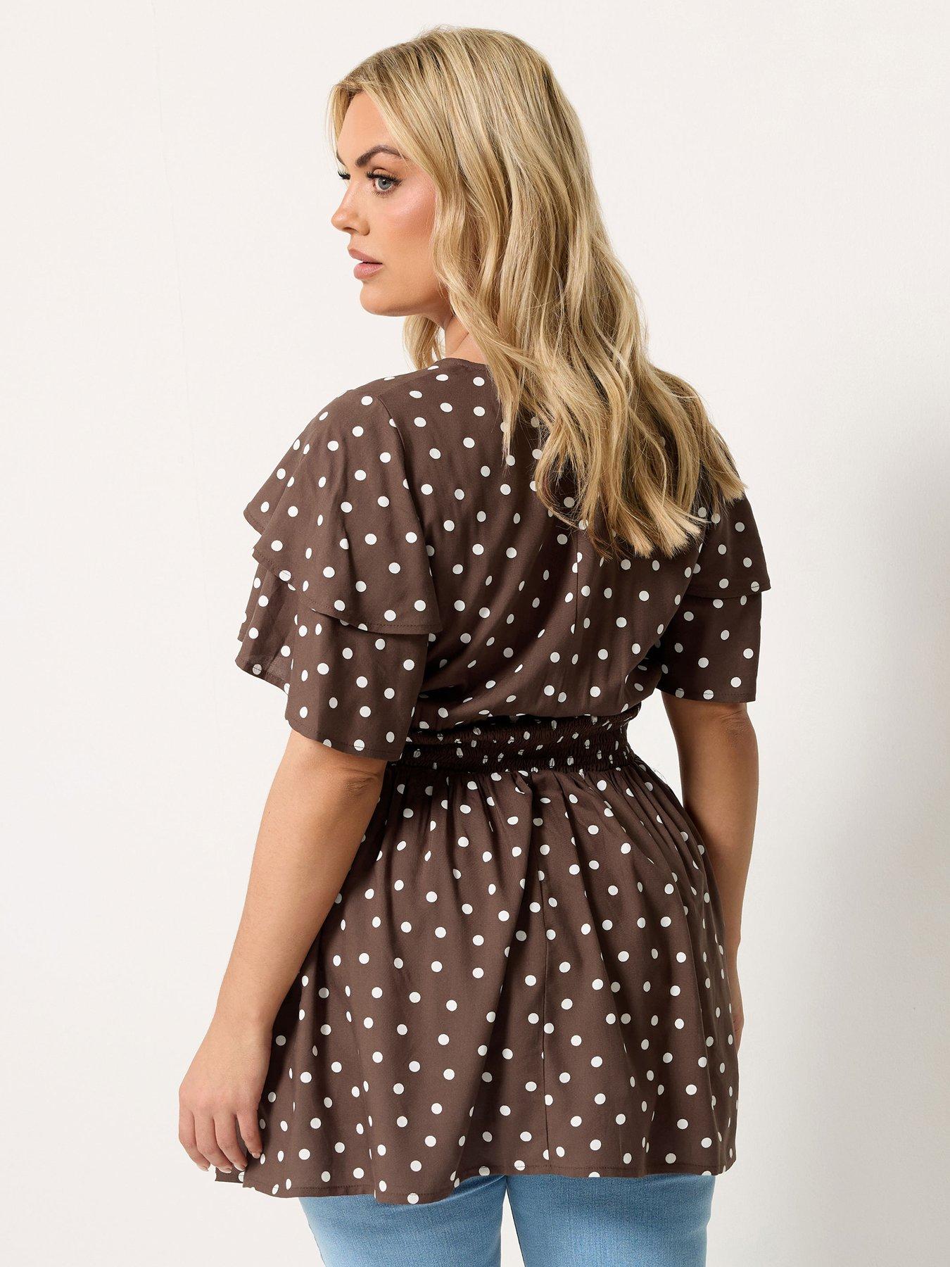 Image 2 of 5 of Yours Curve Polka Dot Flutter Sleeve Top - Brown