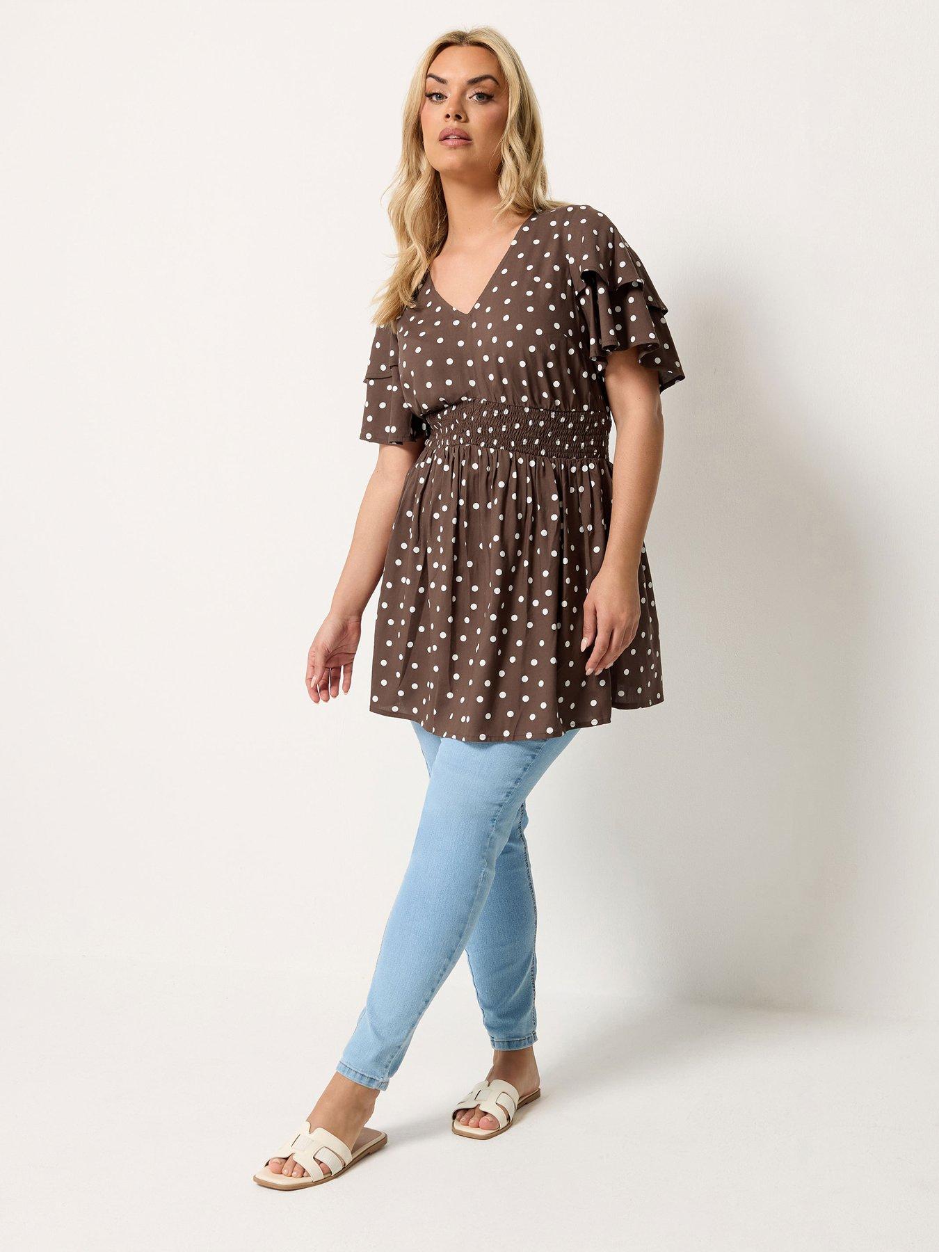 Image 3 of 5 of Yours Curve Polka Dot Flutter Sleeve Top - Brown
