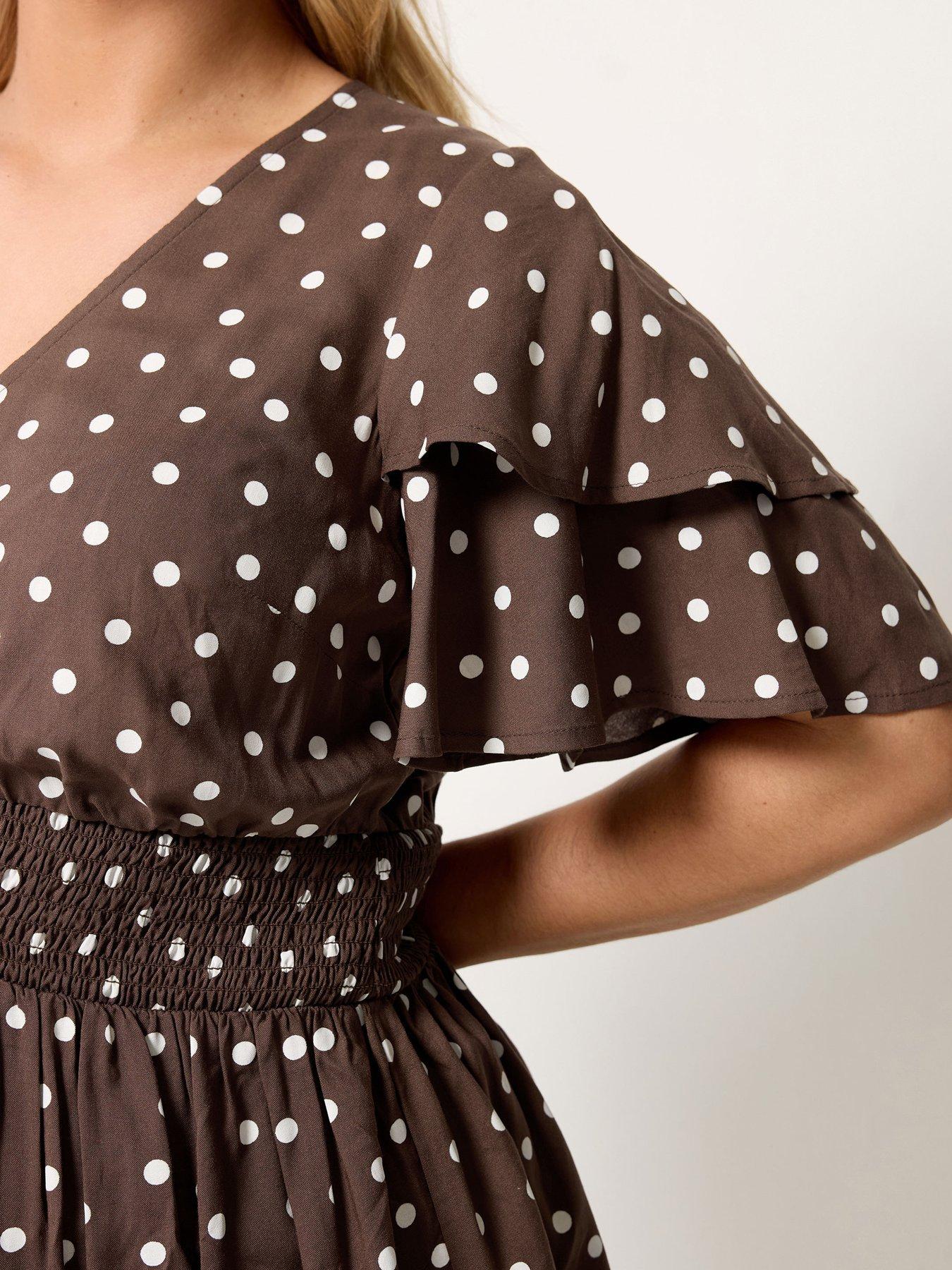 Image 4 of 5 of Yours Curve Polka Dot Flutter Sleeve Top - Brown