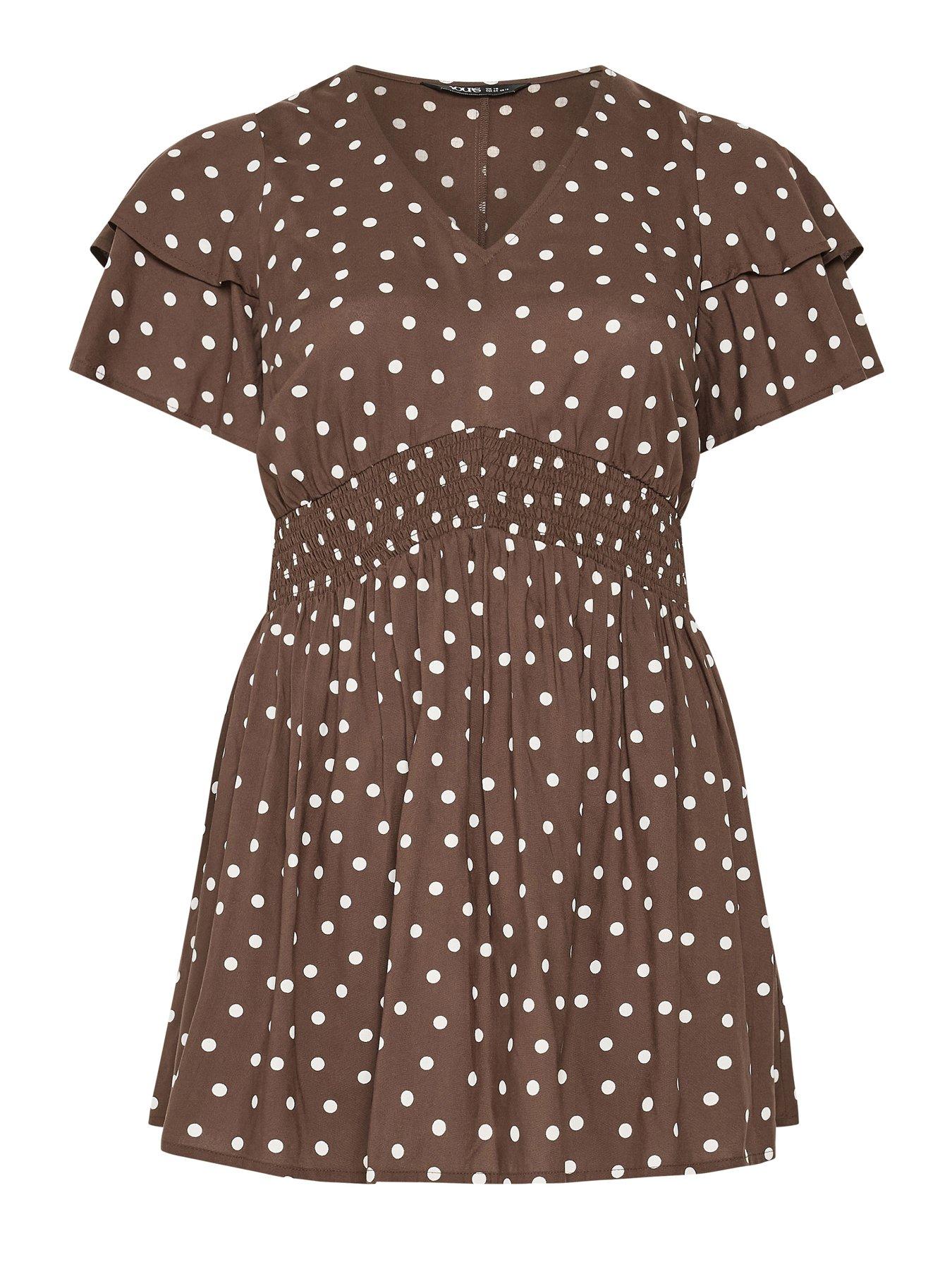 Image 5 of 5 of Yours Curve Polka Dot Flutter Sleeve Top - Brown