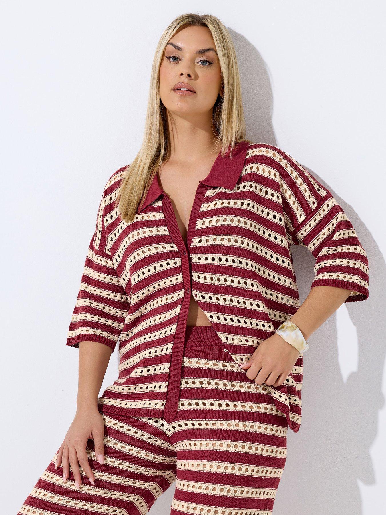 Yours Curve Stripe Knit Shirt Co-Ord - Red