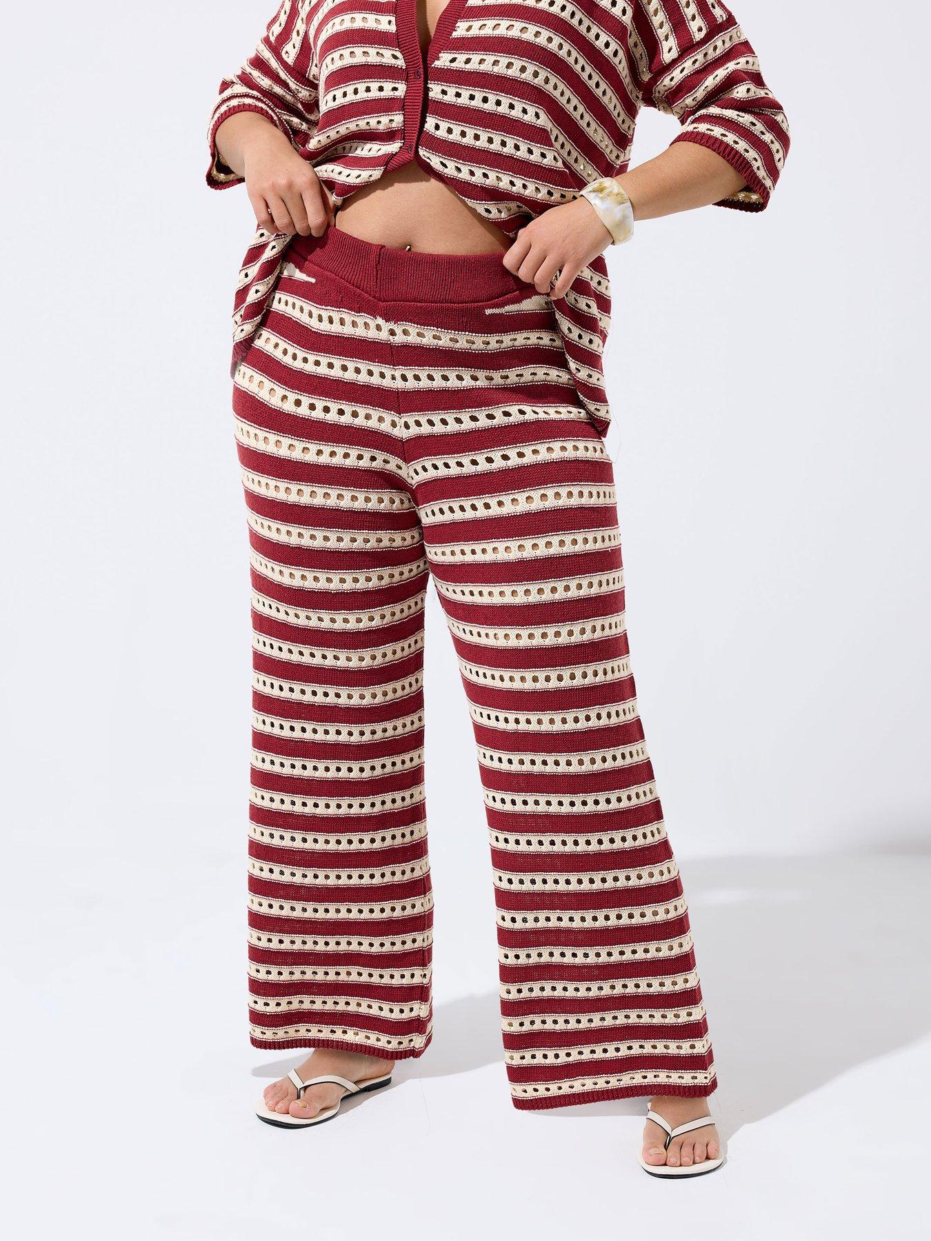 Yours Curve Stripe Knit Trousers - Red