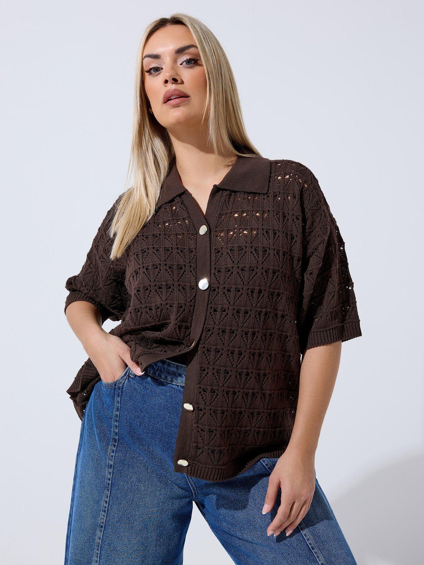 Yours Curve Crochet Shirt - Brown