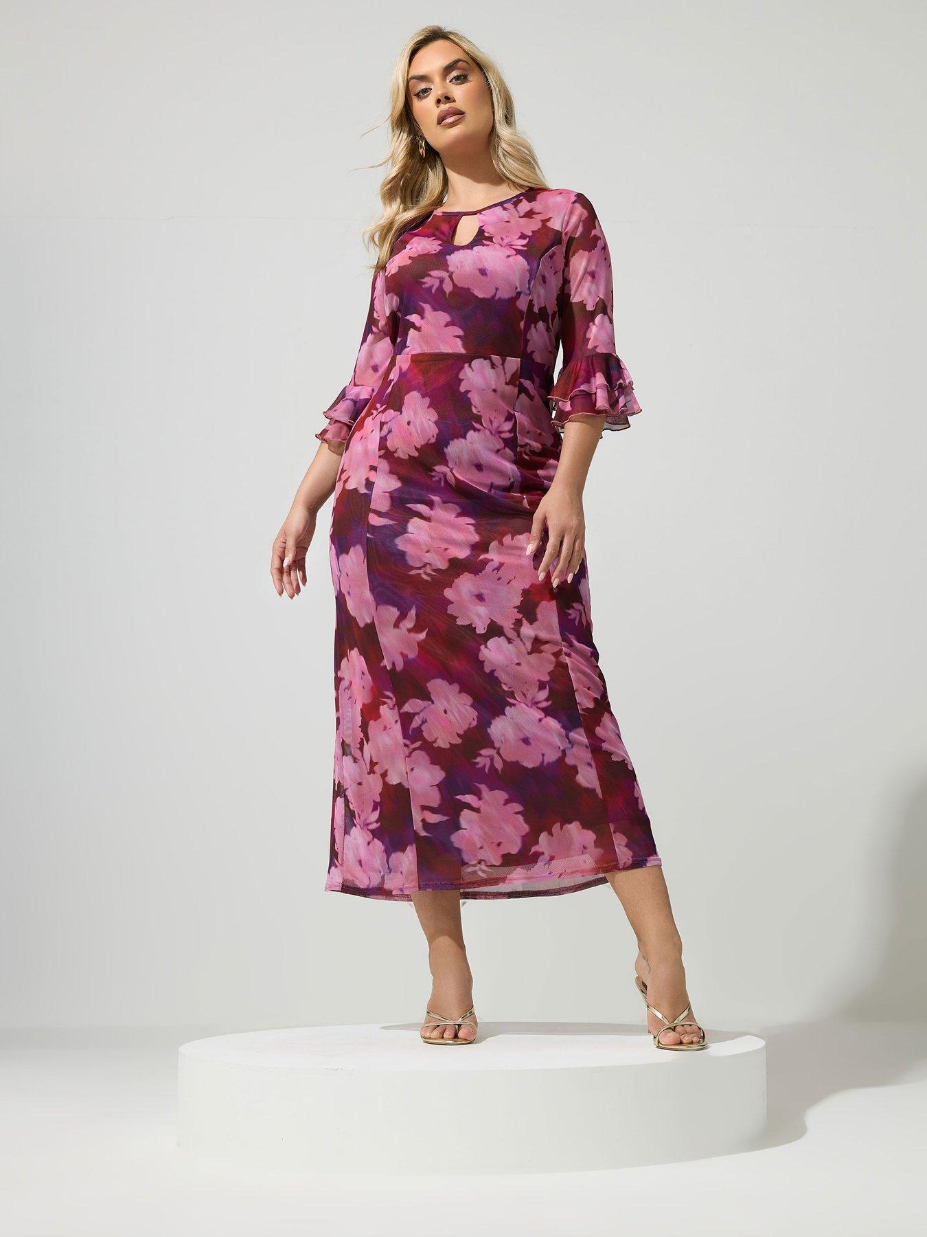 Yours Curve Floral Mesh Keyhole Dress - Red