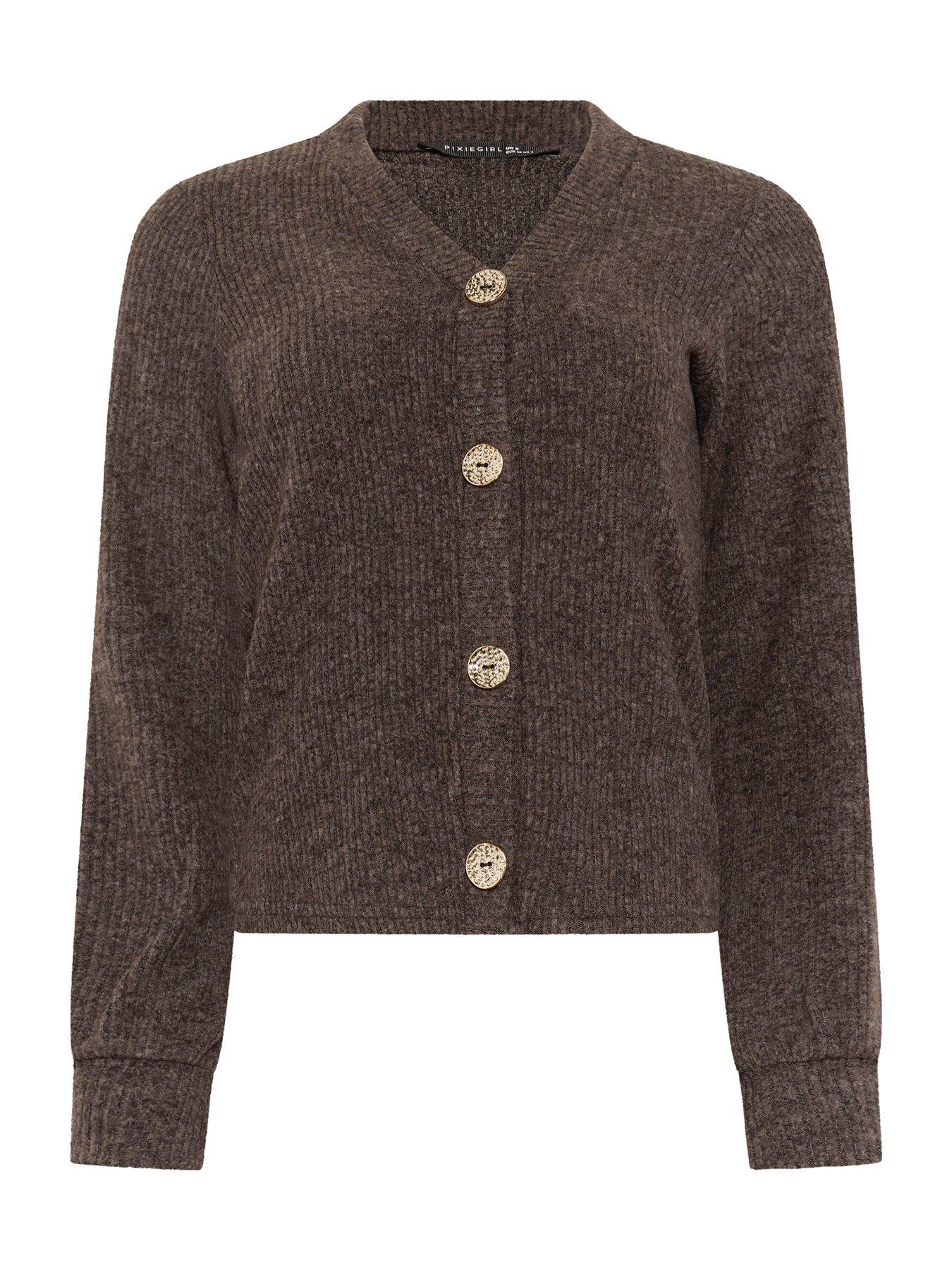 Image 5 of 5 of PixieGirl Petite Soft Touch Fine Rib Cardigan - Brown