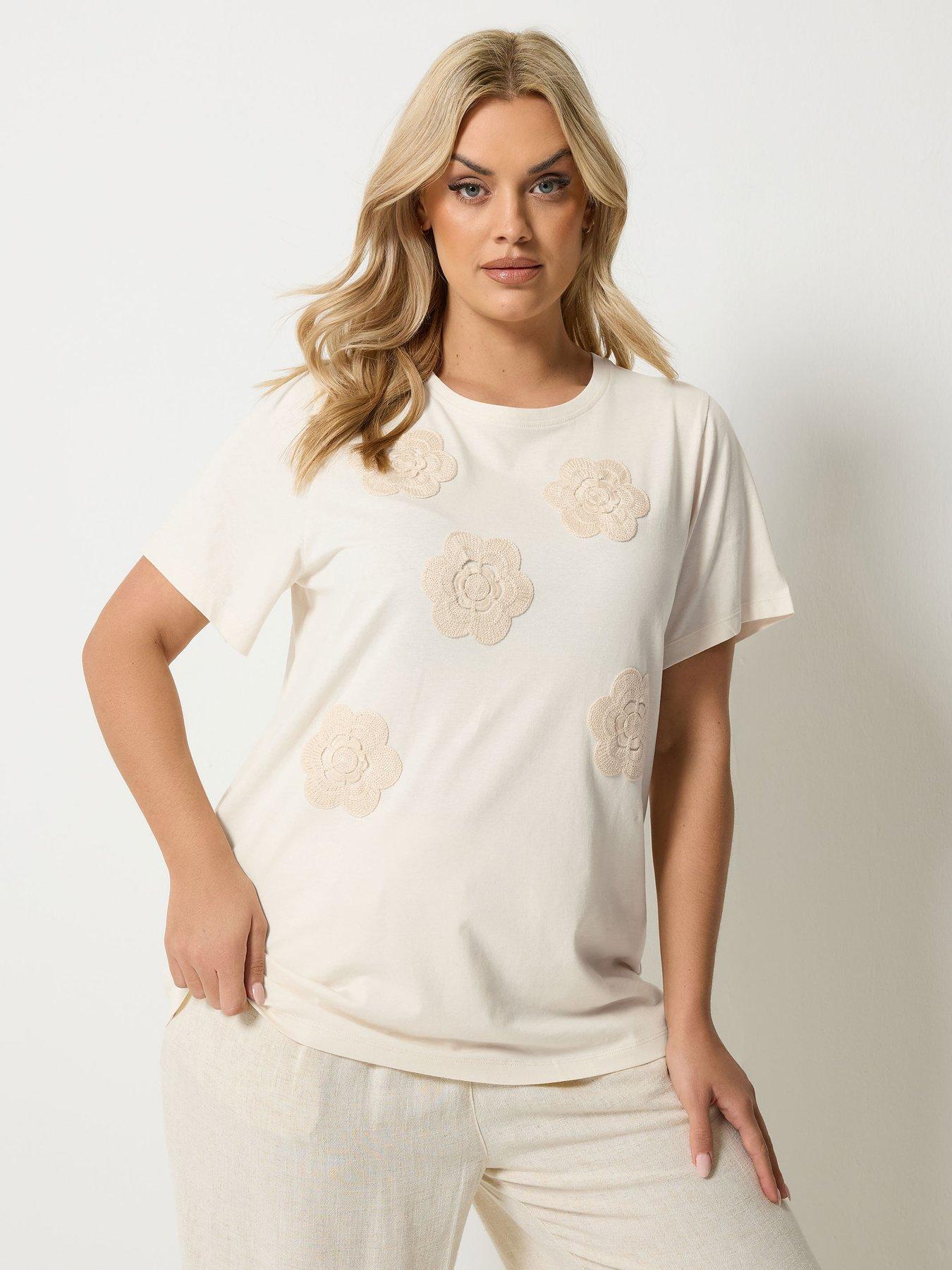 Yours Curve Applique Daisy T-Shirt - Cream
