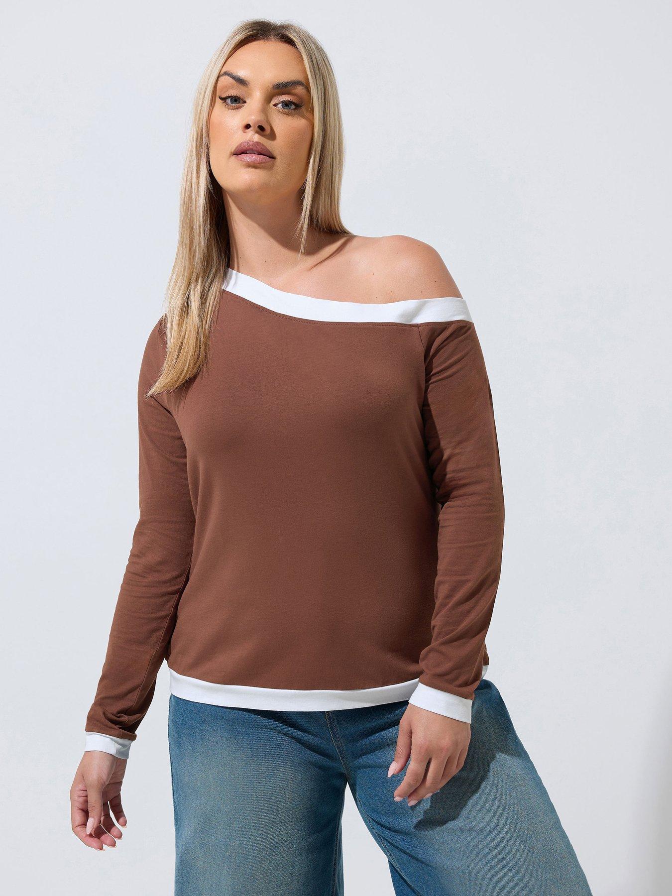 Image 1 of 4 of Yours Curve Constrast Shoulder Side Top - Black