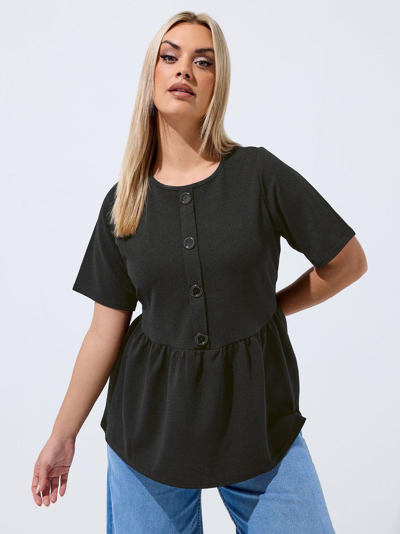Yours Curve Button Down Peplum Top - Black
