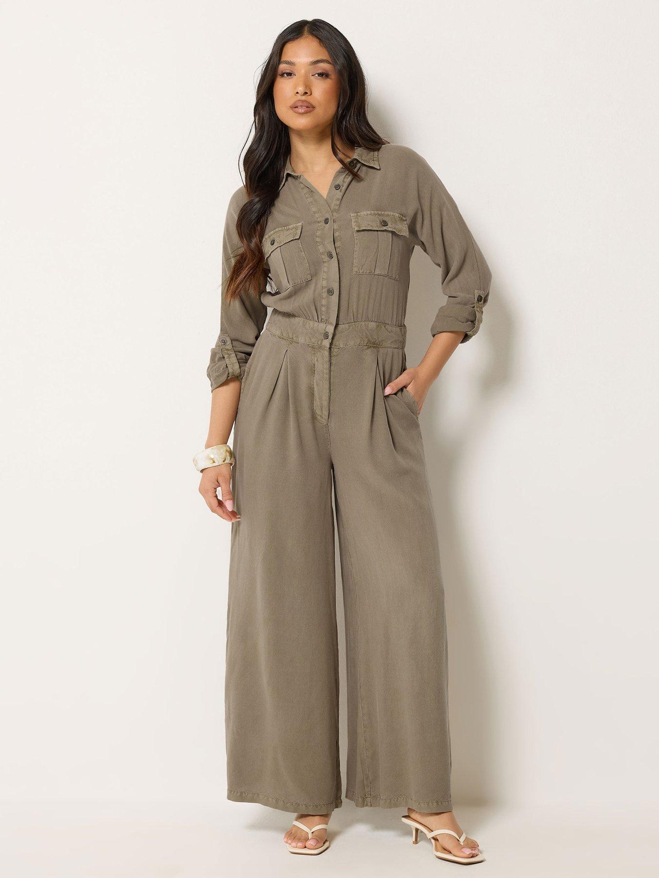 PixieGirl Petite Acid Wash Wide Leg Jumpsuit - Brown