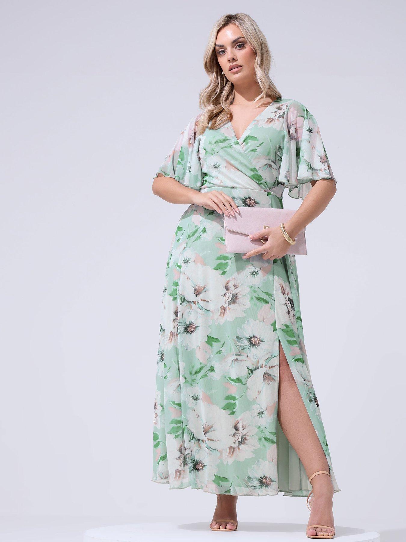 Yours Curve Floral Wrap Mesh Dress - Green