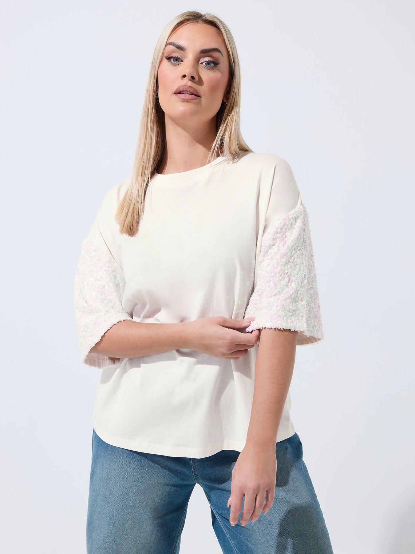 Image 1 of 5 of Yours Curve Sequin Sleeve T-shirt