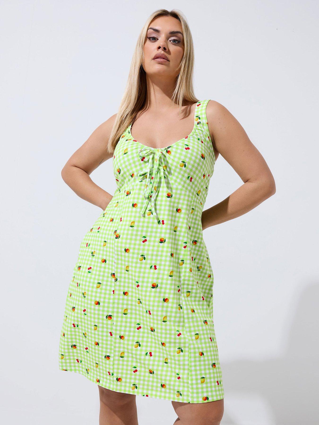 front image of yours-curve-gingham-fruit-print-mini-dress-green