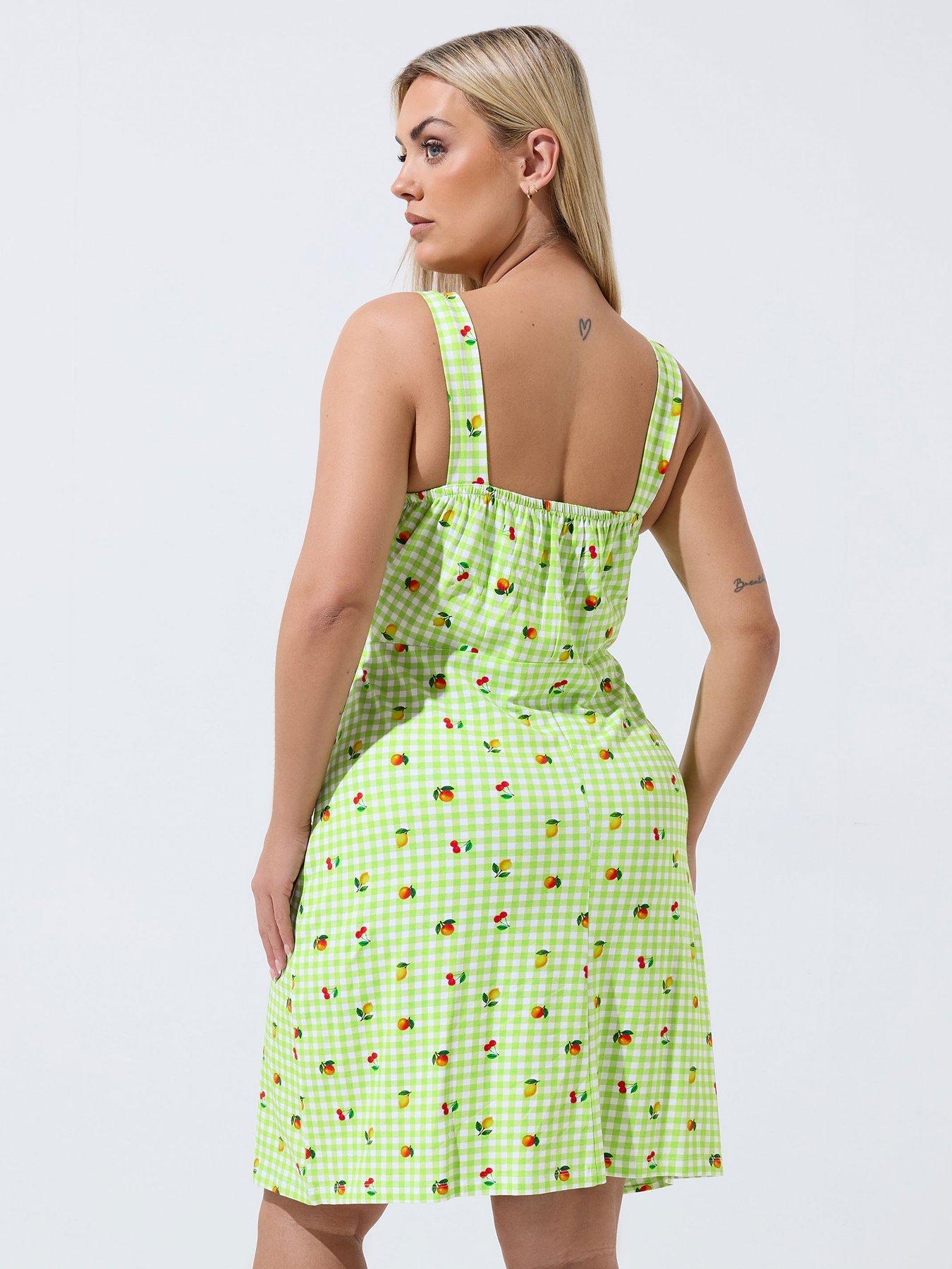 stillFront image of yours-curve-gingham-fruit-print-mini-dress-green