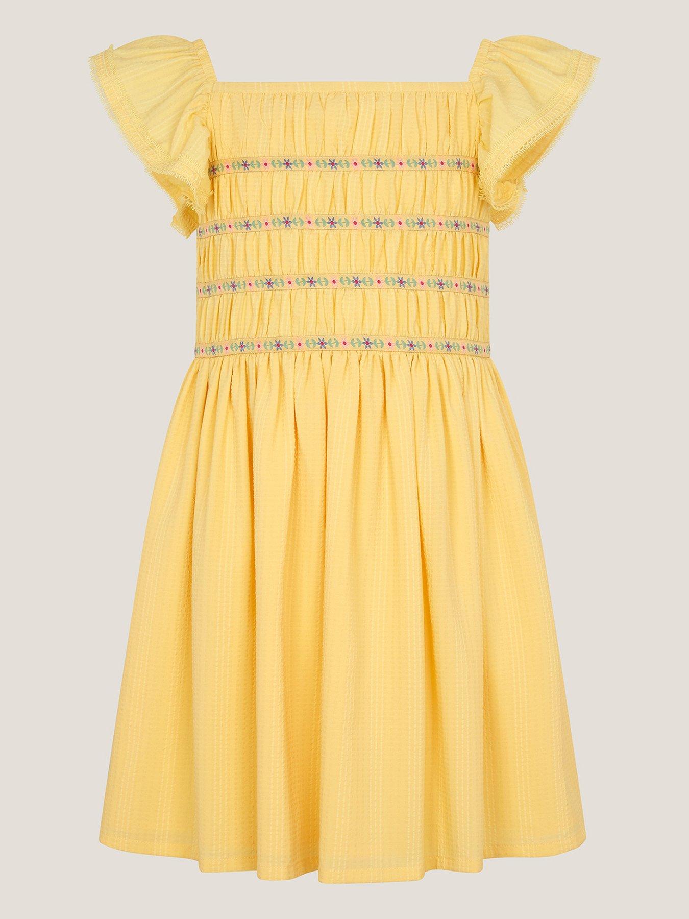 Monsoon Girls Yellow Textured Shirred Dress - Yellow