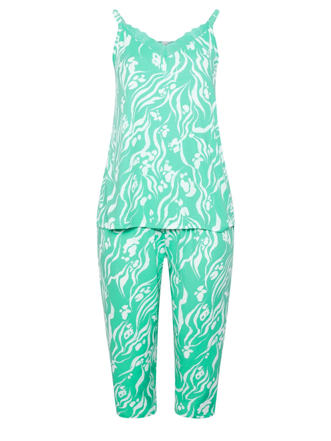 Image 5 of 5 of Yours Curve Soft Touch Abstract Crop Pyjama Set - Green