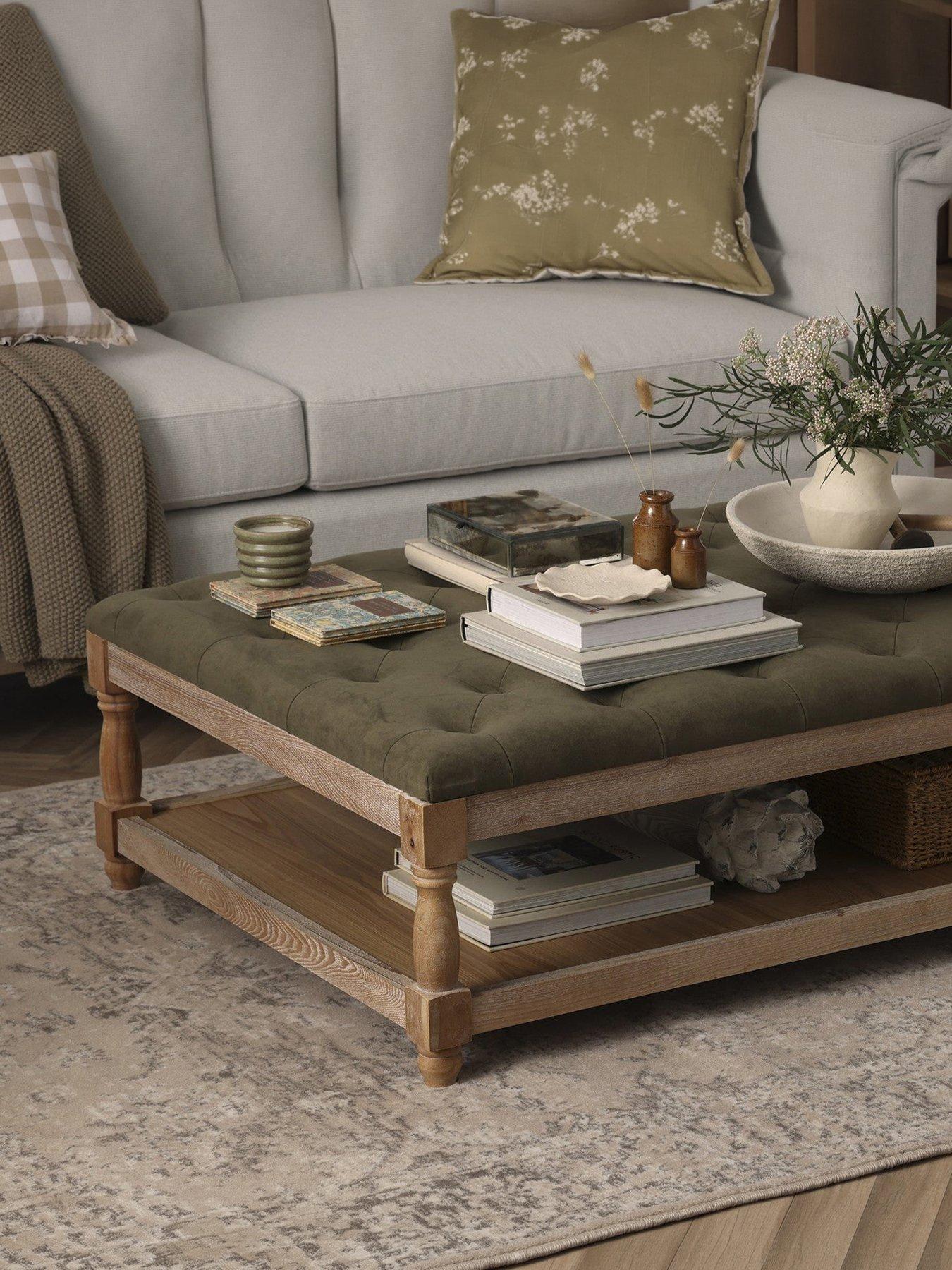 Image 1 of 6 of Dusk Knaresborough Button Back Coffee Table Pouffe - Olive