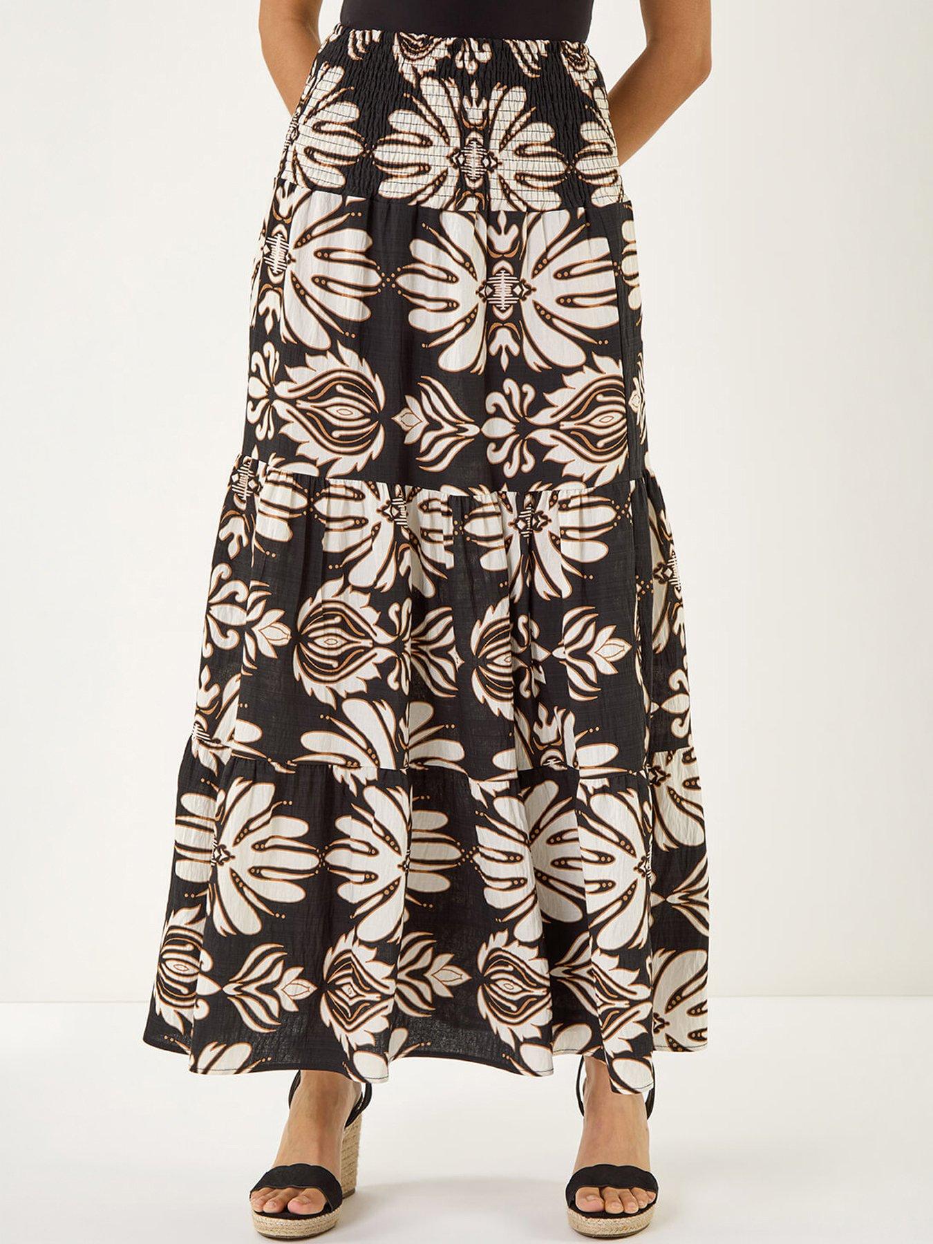 Image 1 of 5 of Roman Printed Tier Shirred Maxi Skirt - Brown