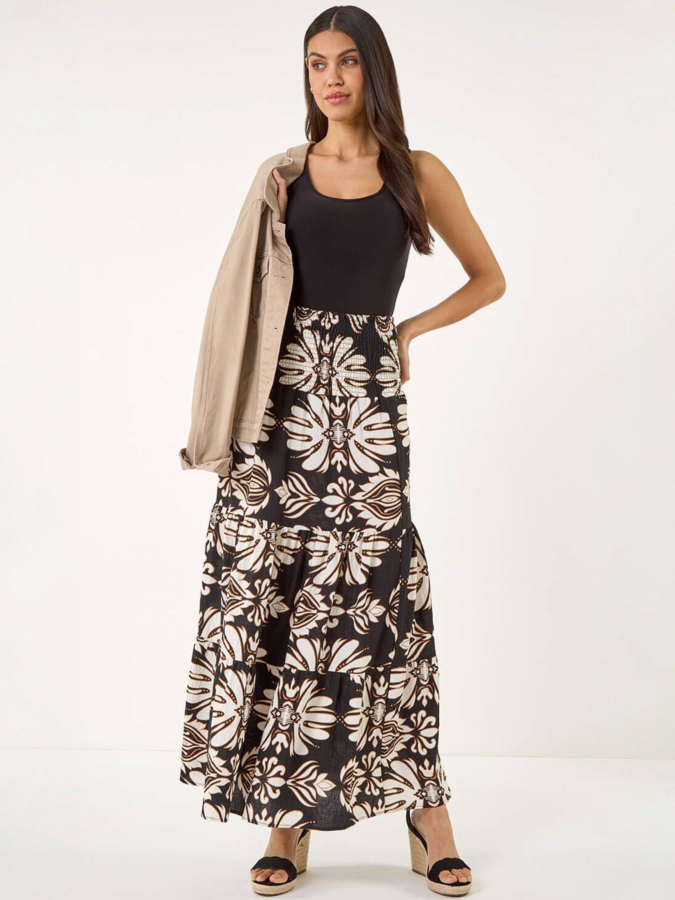 Image 3 of 5 of Roman Printed Tier Shirred Maxi Skirt - Brown