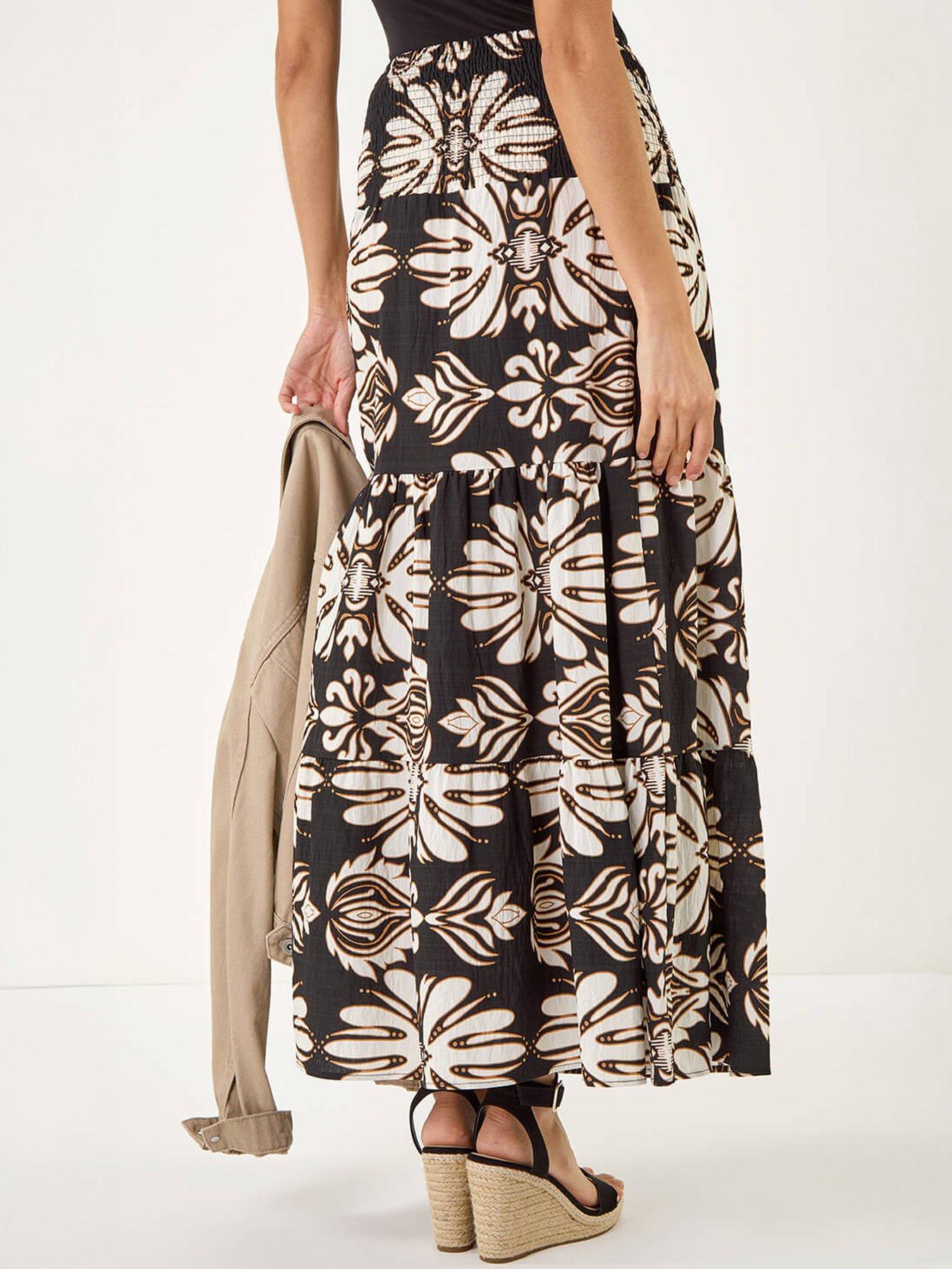 Image 4 of 5 of Roman Printed Tier Shirred Maxi Skirt - Brown