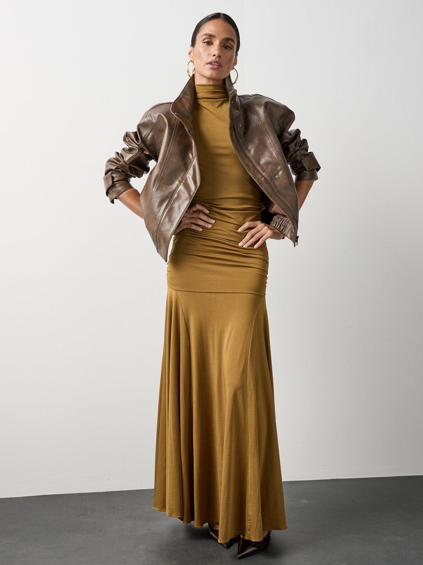 Image 3 of 7 of Michelle Keegan Dropped Waist Ruched Maxi Dress - Tobacco
