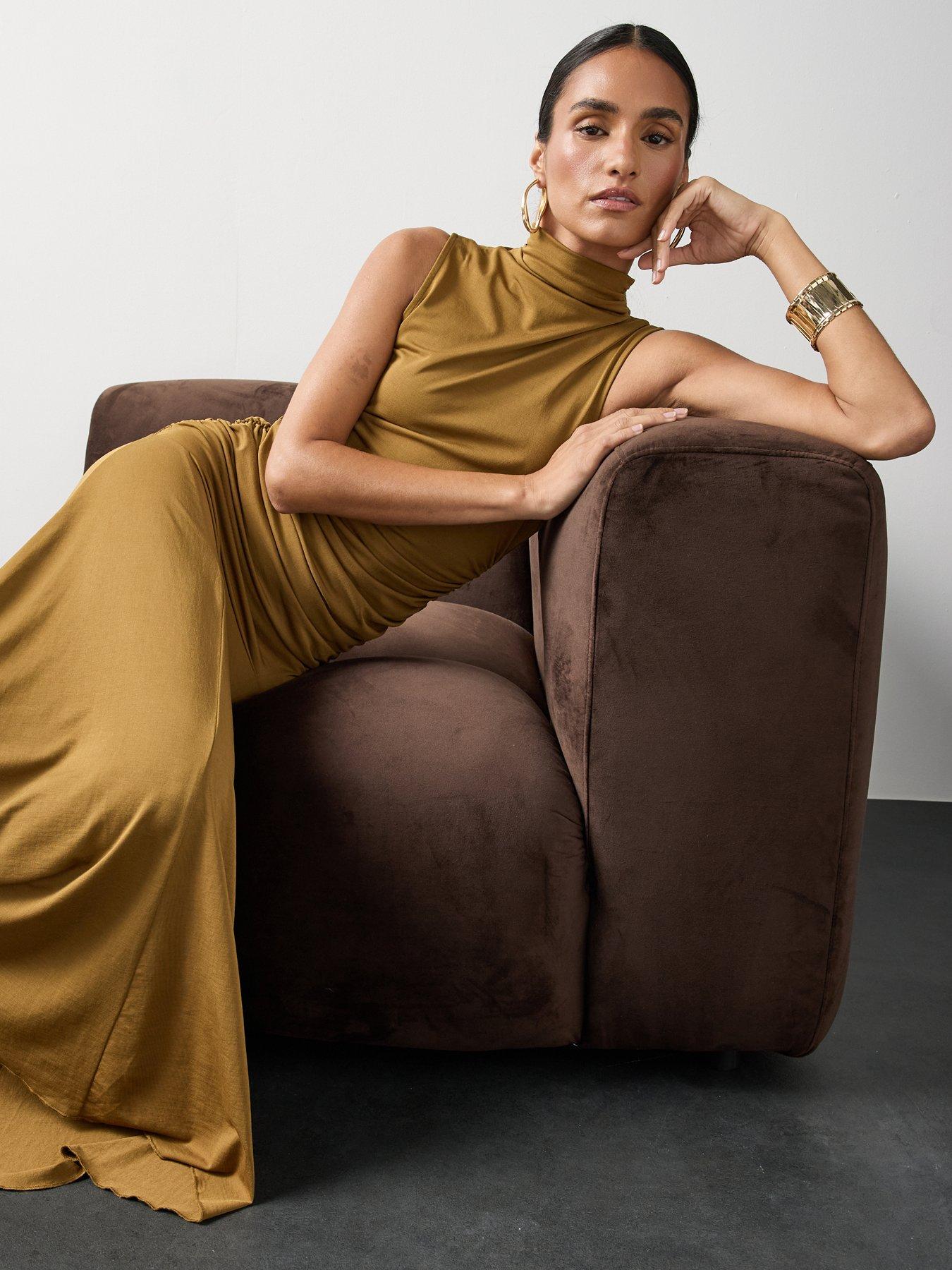 Image 4 of 7 of Michelle Keegan Dropped Waist Ruched Maxi Dress - Tobacco