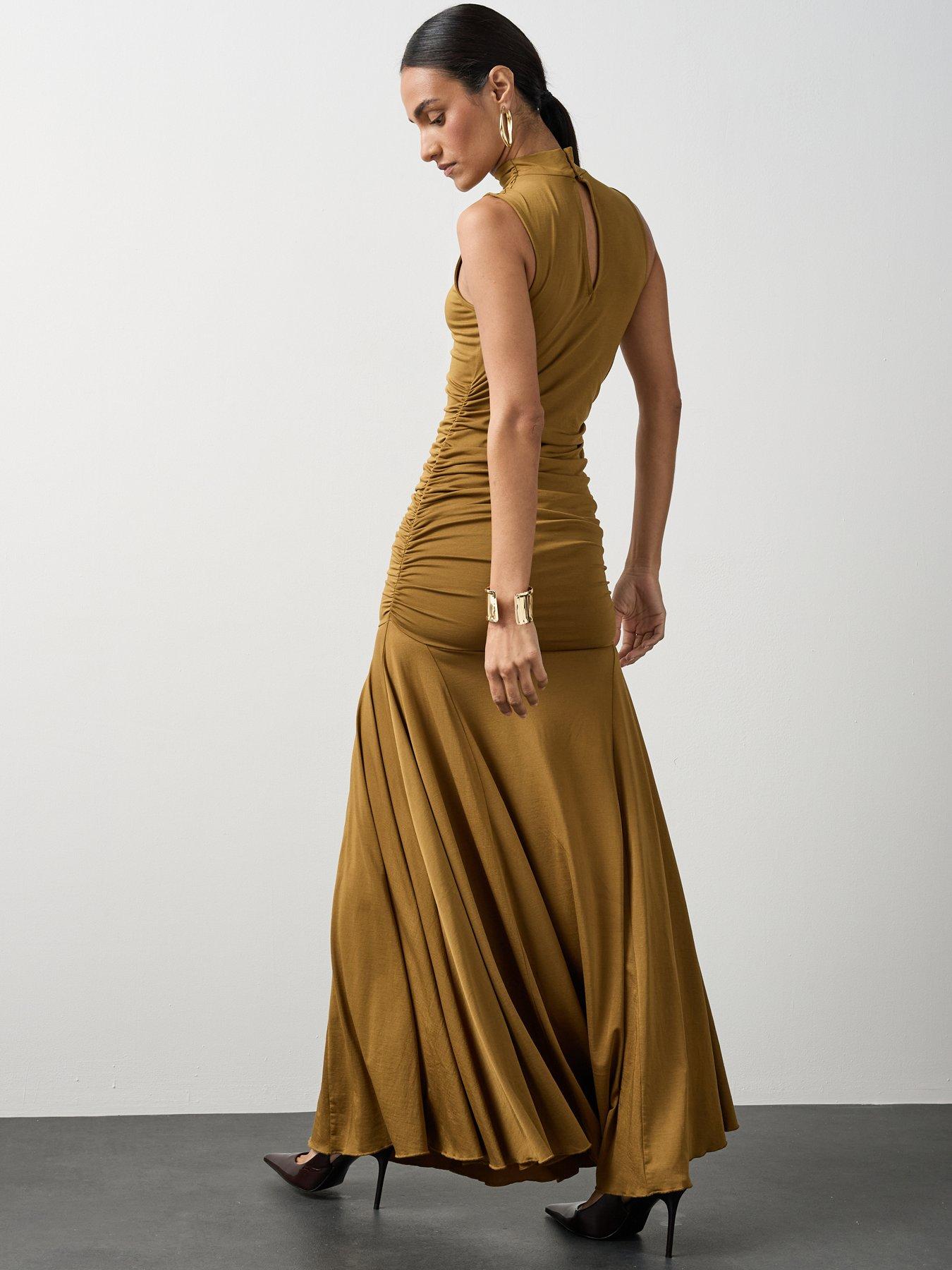Image 5 of 7 of Michelle Keegan Dropped Waist Ruched Maxi Dress - Tobacco
