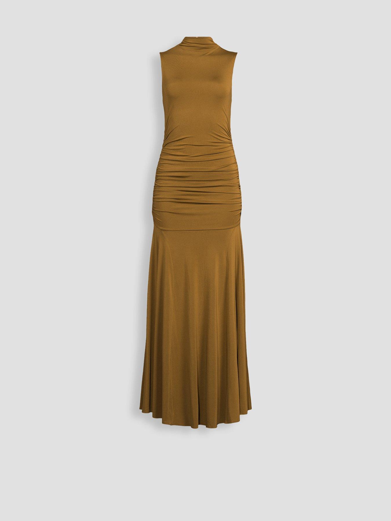 Image 7 of 7 of Michelle Keegan Dropped Waist Ruched Maxi Dress - Tobacco
