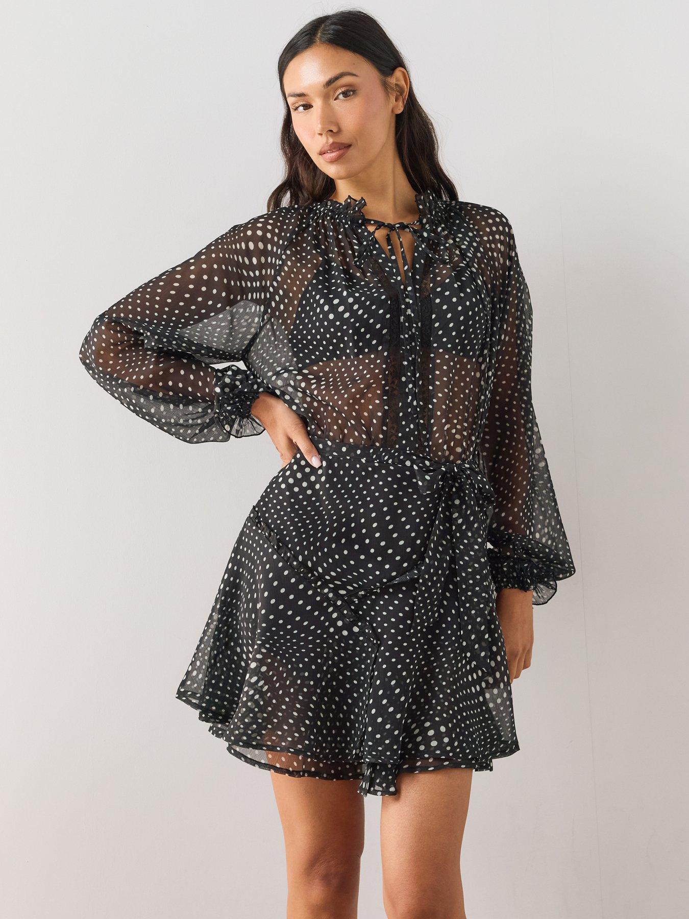 The Very Collection Lace Insert Tie Waist Fit And Flare Mini Dress - Spot