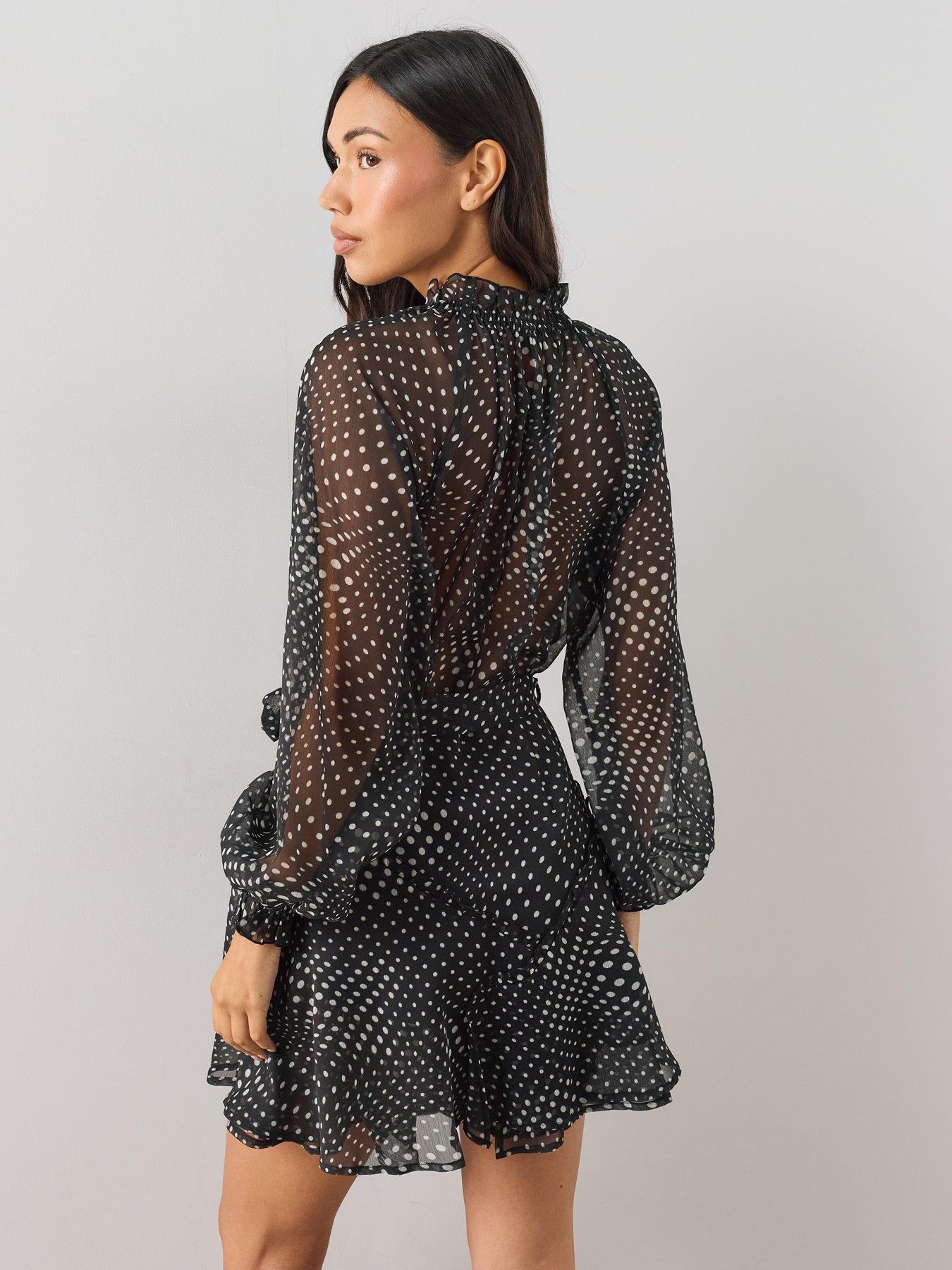 Image 2 of 7 of The Very Collection Lace Insert Tie Waist Fit And Flare Mini Dress - Spot