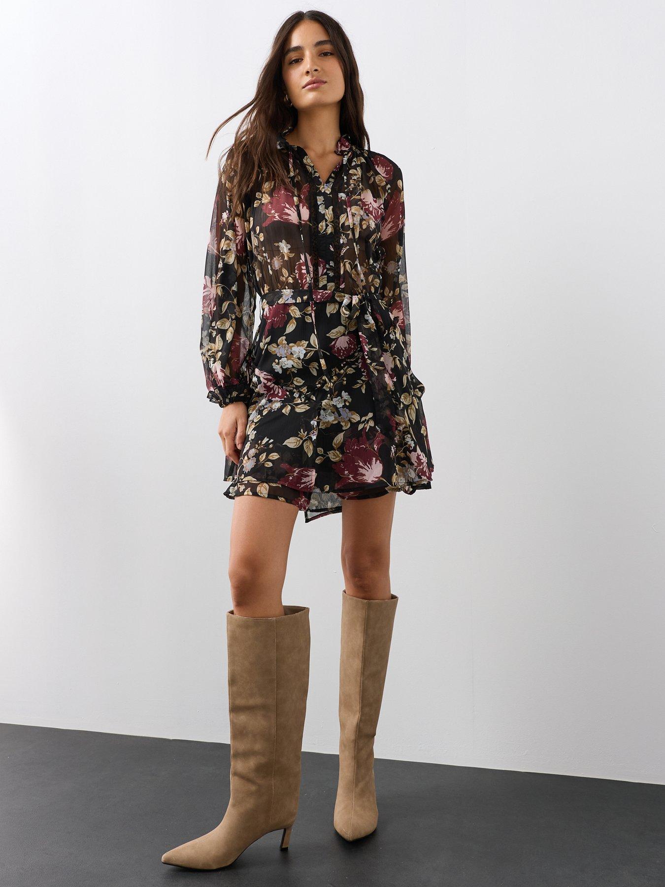 The Very Collection Lace Insert Tie Waist Fit And Flare Mini Dress - Floral