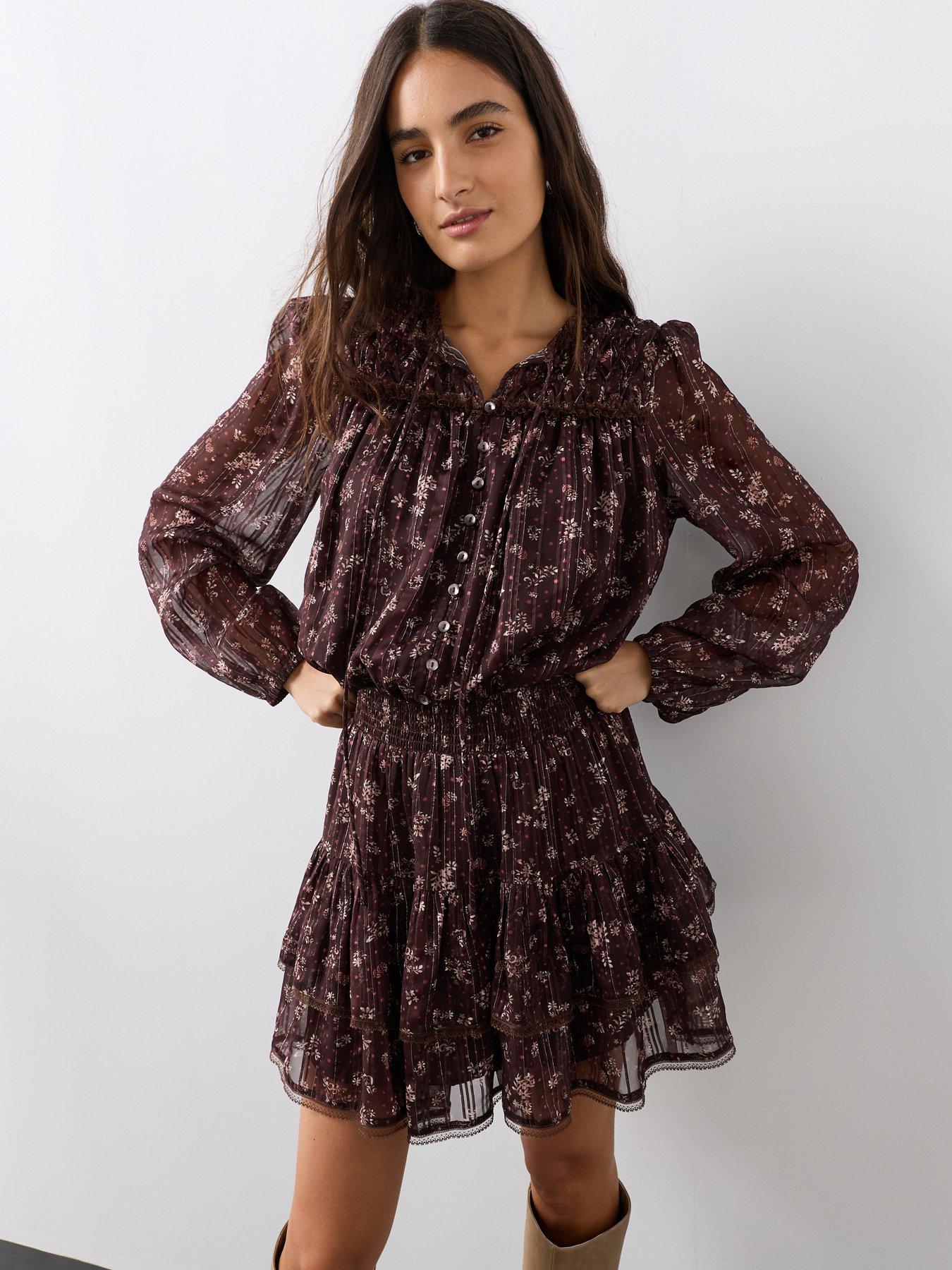 The Very Collection Shirred Waist Tiered Mini Dress - Brown