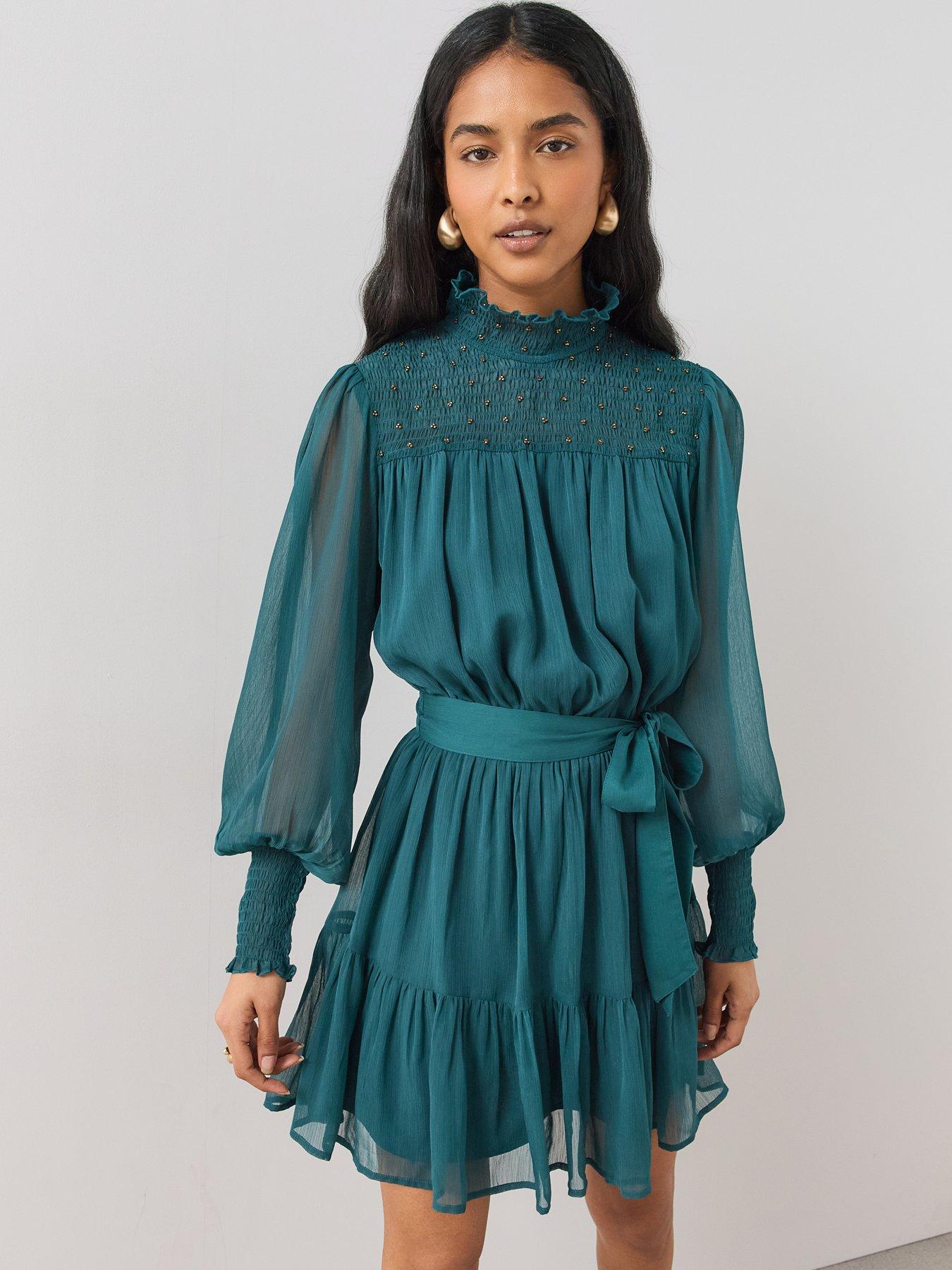 Image 1 of 7 of The Very Collection Womens Shirred Embellished Tie Waist Mini Dress - Green