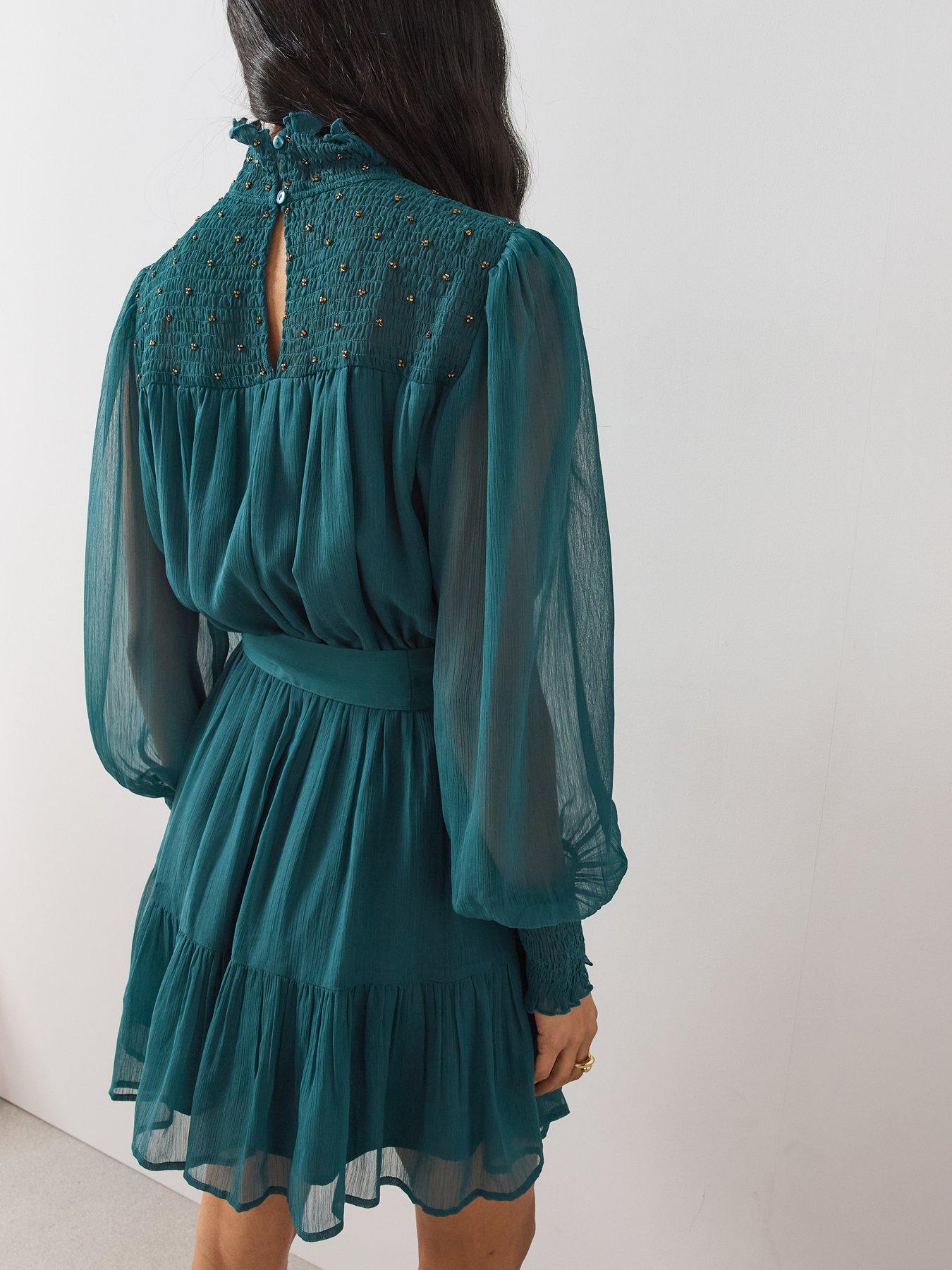 Image 2 of 7 of The Very Collection Womens Shirred Embellished Tie Waist Mini Dress - Green