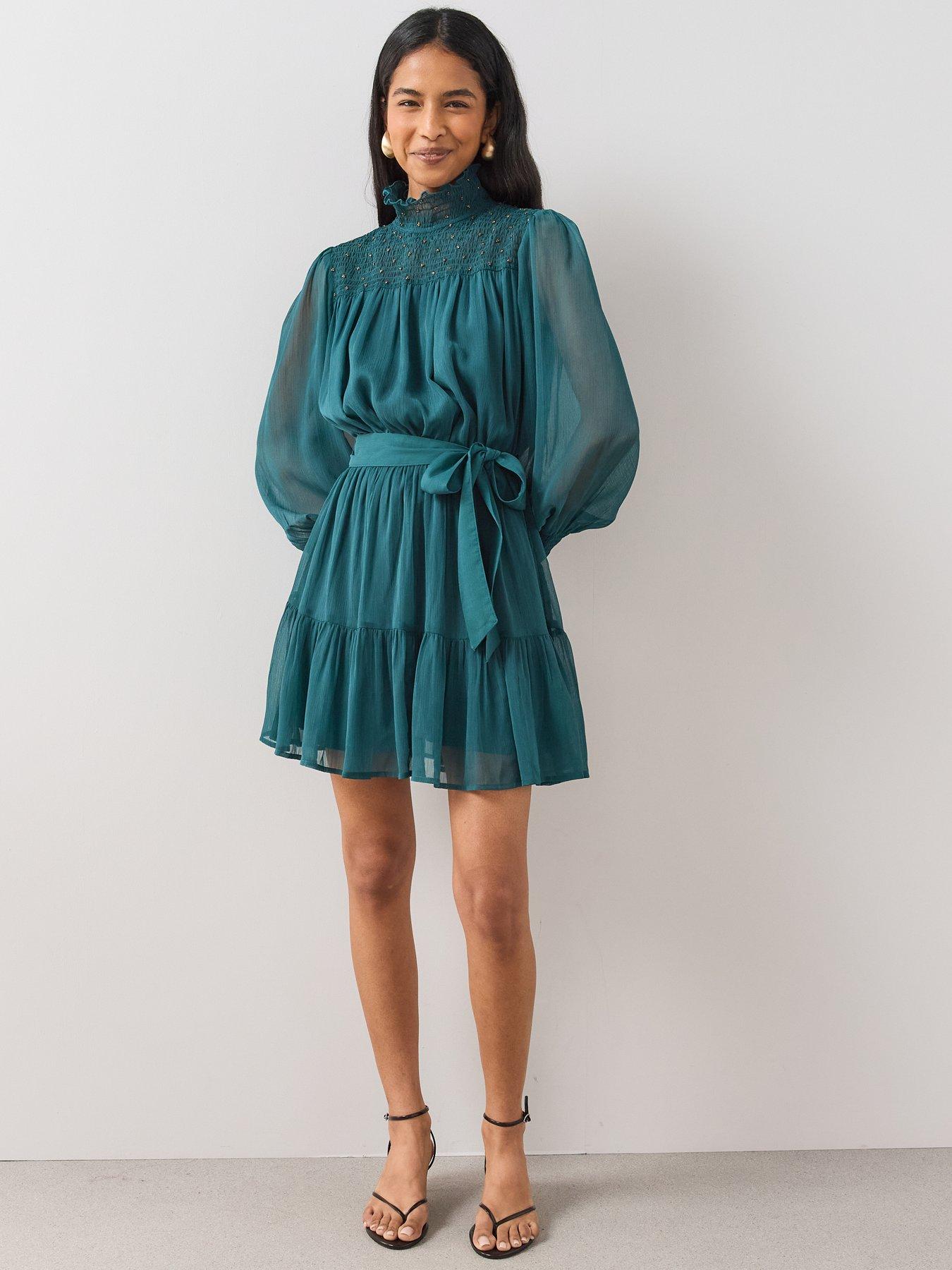 Image 3 of 7 of The Very Collection Womens Shirred Embellished Tie Waist Mini Dress - Green