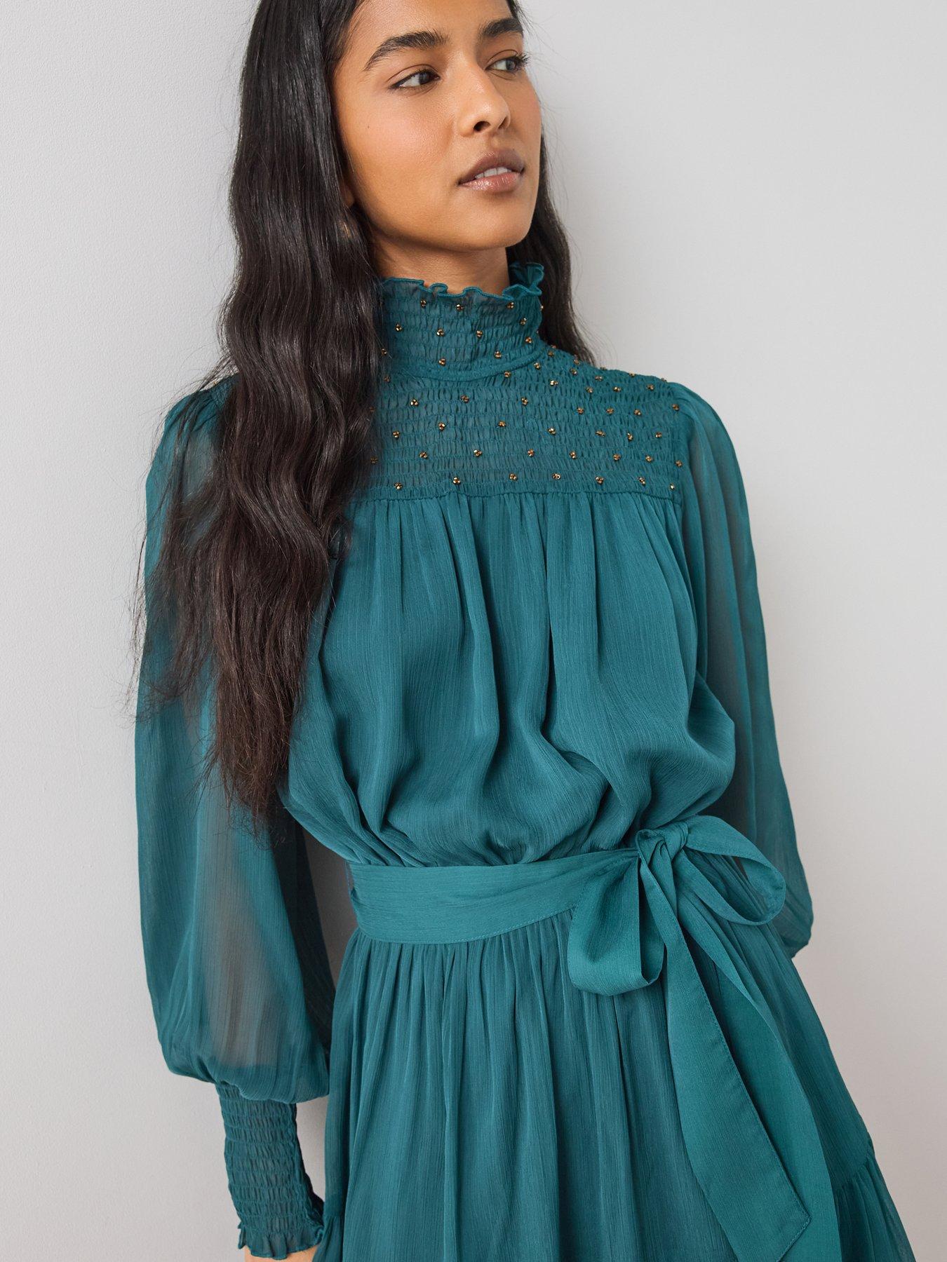 Image 4 of 7 of The Very Collection Womens Shirred Embellished Tie Waist Mini Dress - Green