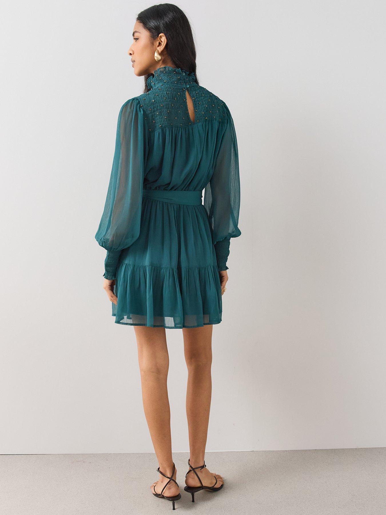 Image 5 of 7 of The Very Collection Womens Shirred Embellished Tie Waist Mini Dress - Green