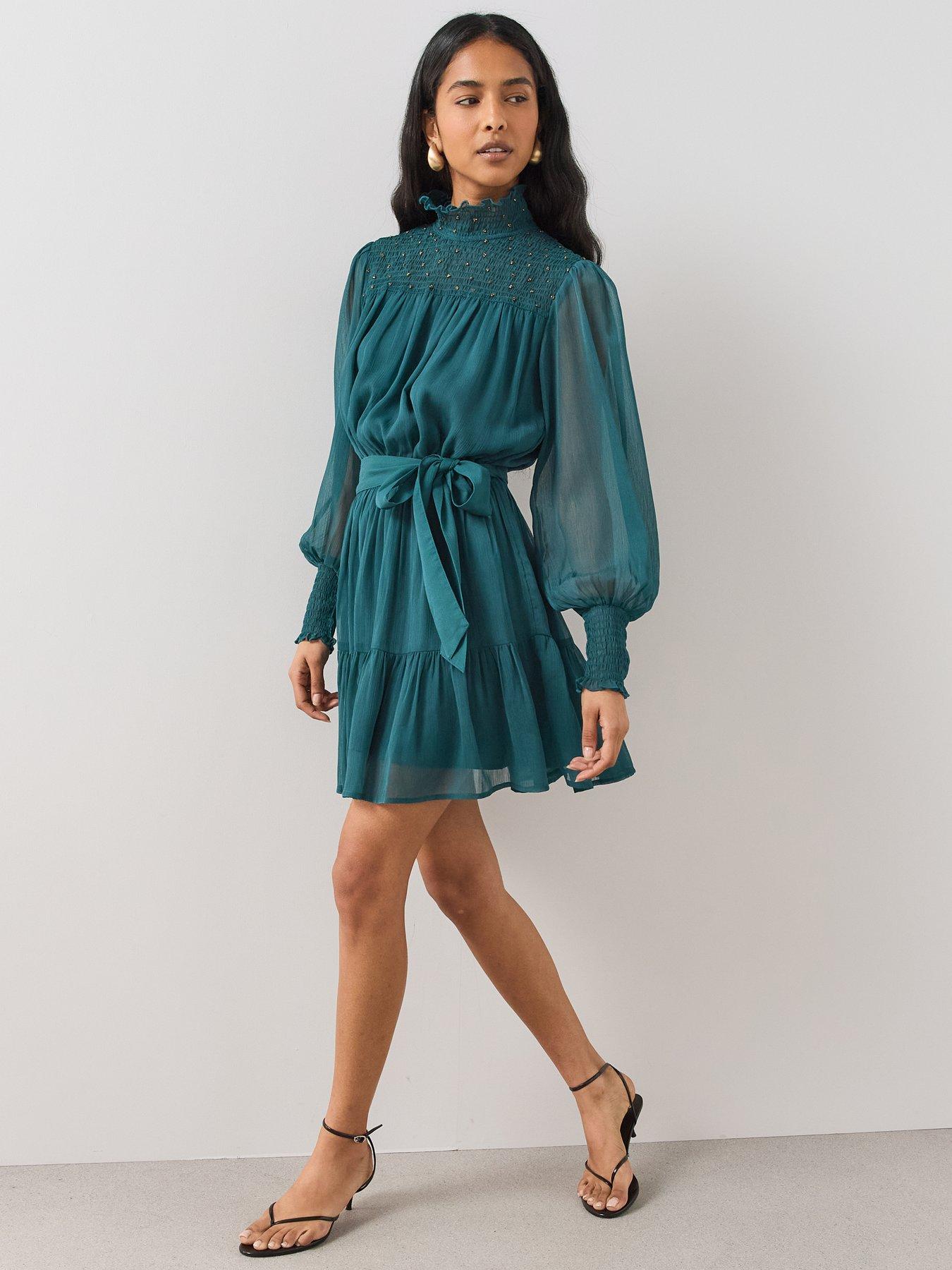 Image 6 of 7 of The Very Collection Womens Shirred Embellished Tie Waist Mini Dress - Green