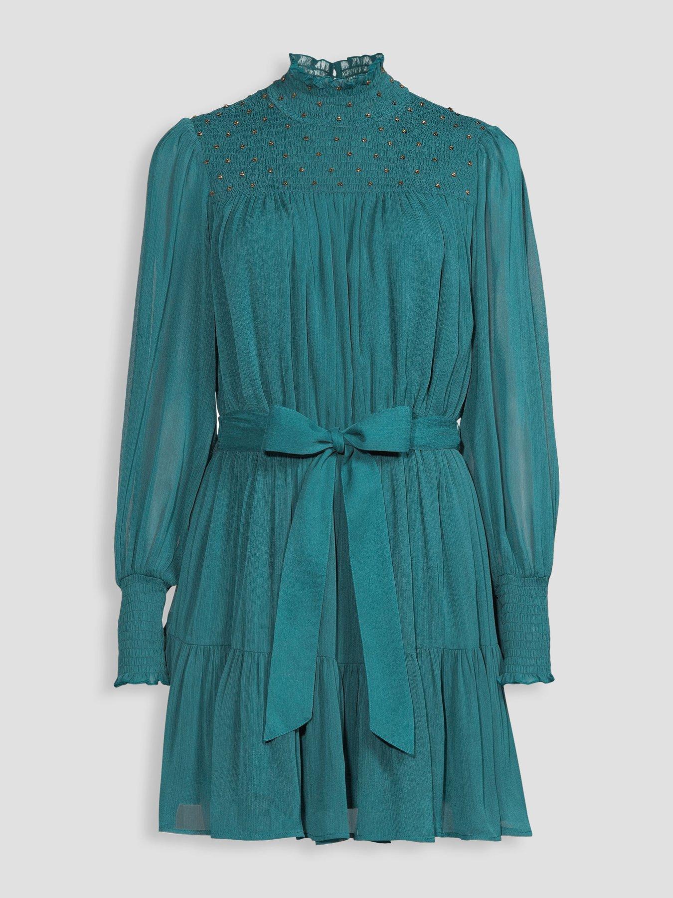 Image 7 of 7 of The Very Collection Womens Shirred Embellished Tie Waist Mini Dress - Green