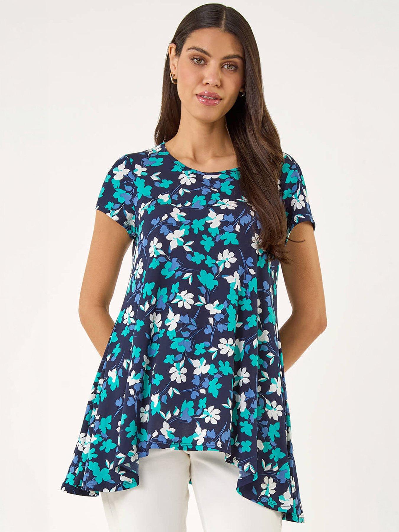 Roman Floral Puff Print Hanky Hem Tunic Top