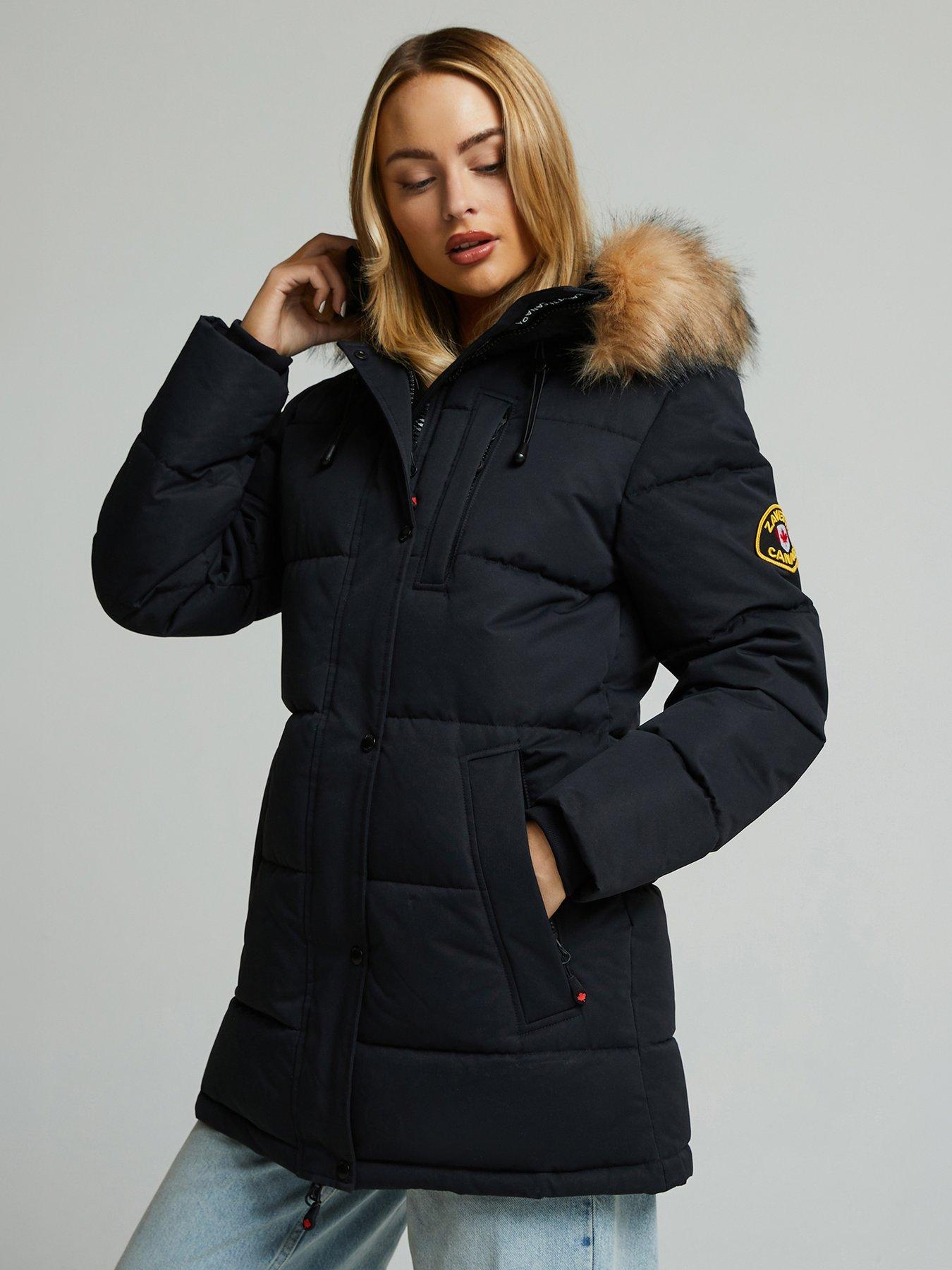 Image 1 of 4 of Zavetti Canada Womens Faux Fur Hood Longline Puffer Parka Jacket - Black