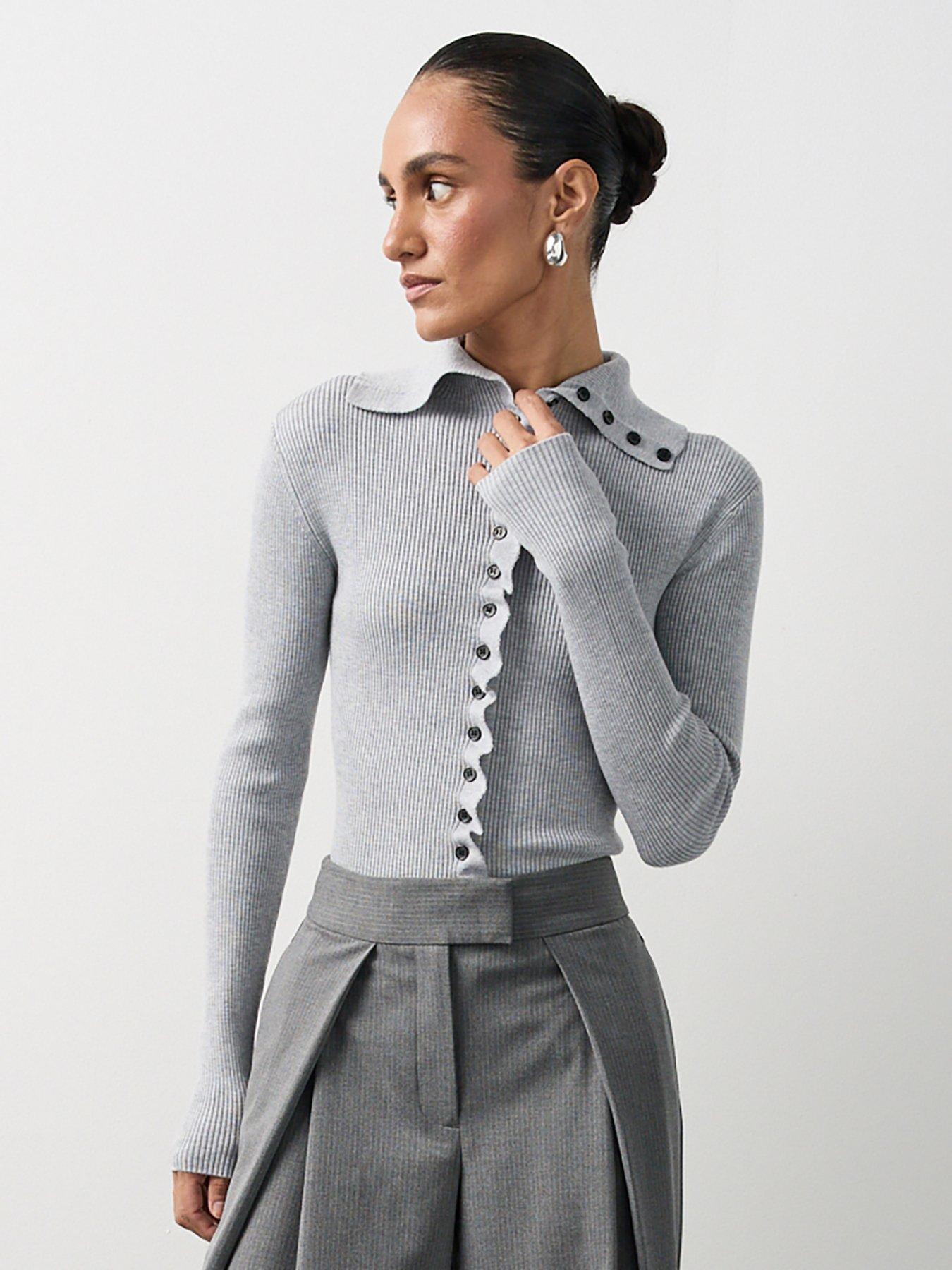Image 1 of 6 of Michelle Keegan Button Front Long Sleeve Knit Top - Grey