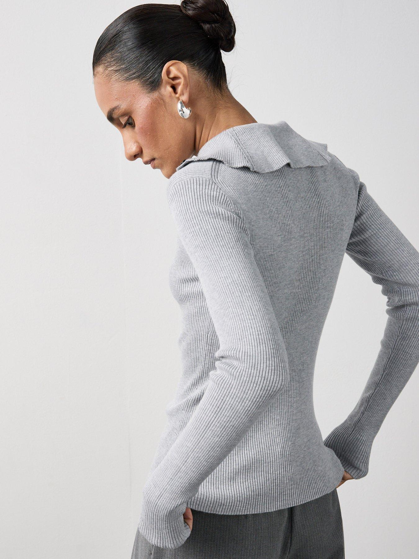 Image 3 of 6 of Michelle Keegan Button Front Long Sleeve Knit Top - Grey