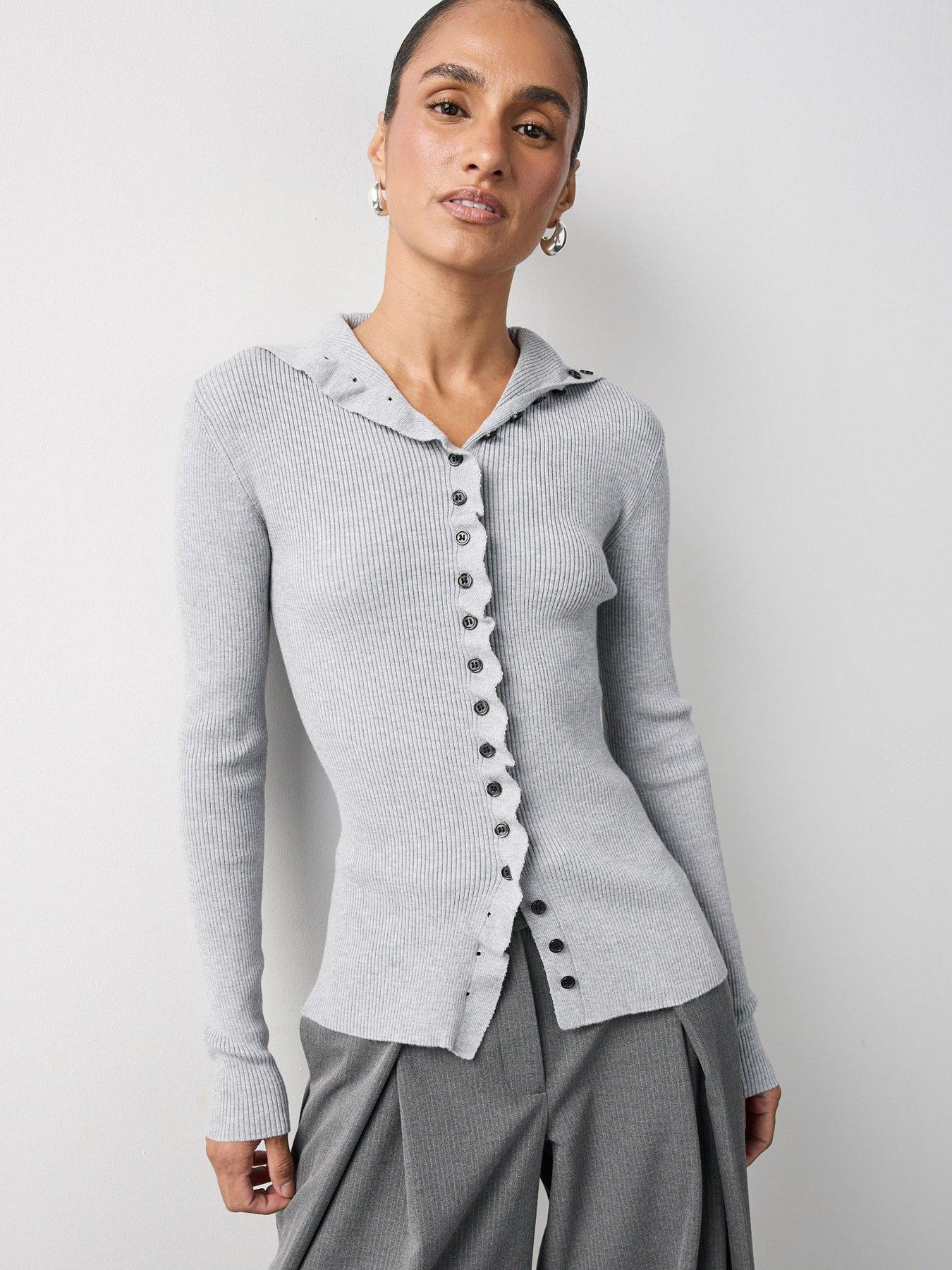 Image 5 of 6 of Michelle Keegan Button Front Long Sleeve Knit Top - Grey