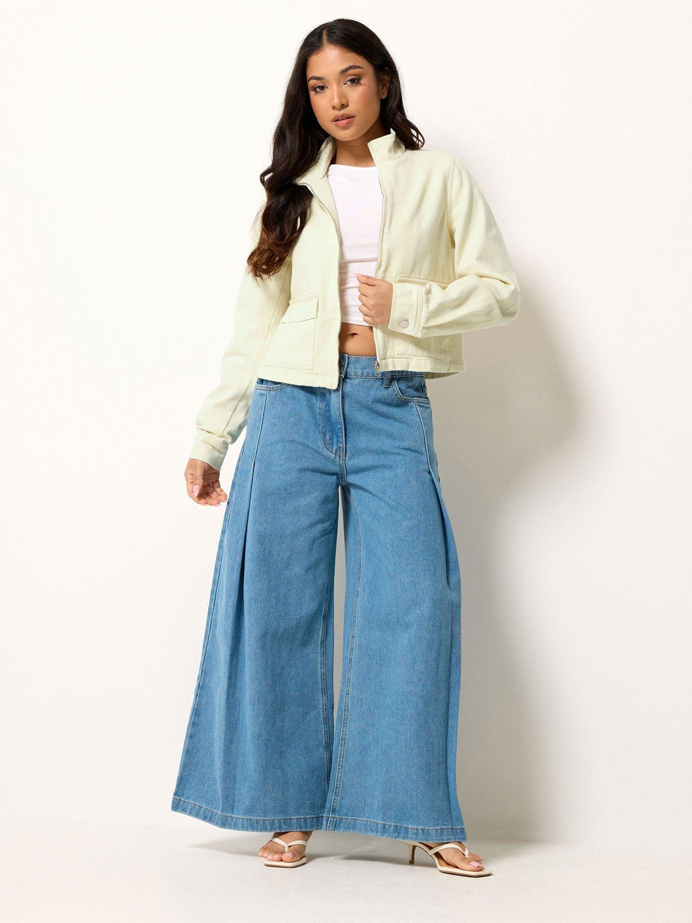 Image 3 of 4 of PixieGirl Petite Funnel Neck Denim Jacket - Yellow