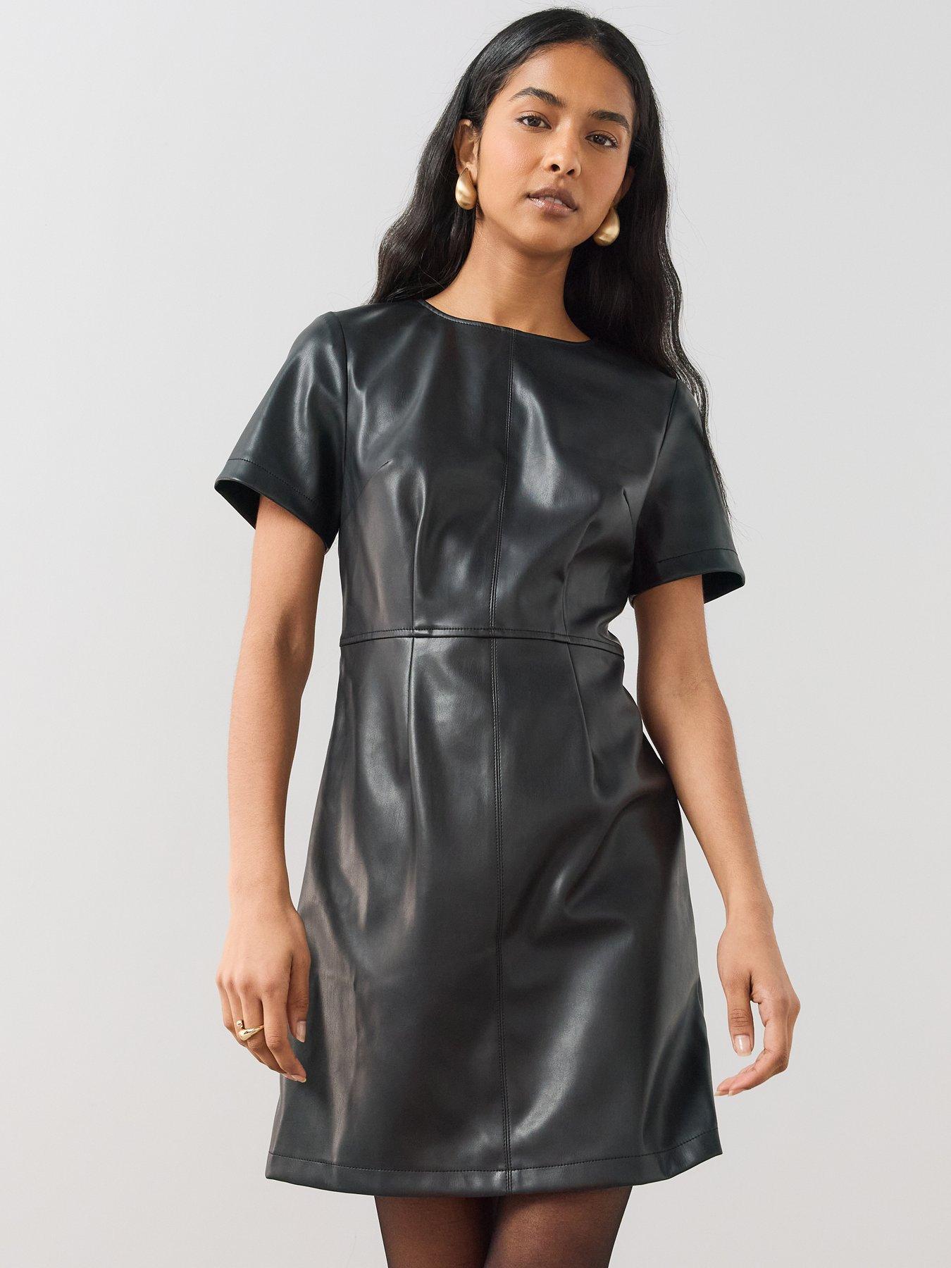 Image 4 of 6 of The Very Collection Womens Faux Leather Short Sleeve Mini Shift Dress - Black